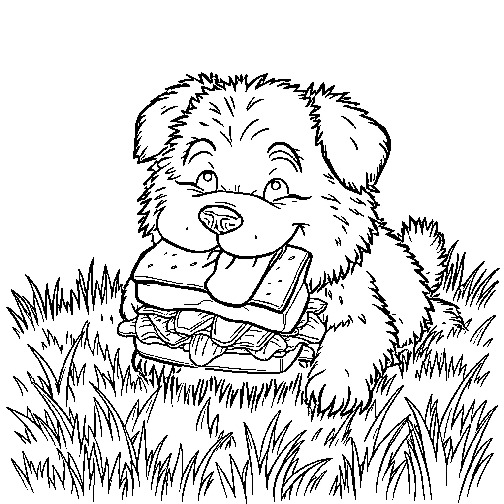 Dog happily chewing on a book in the grass Coloring Page (free black-and-white line drawing printable PDF for all, from beginners to advanced learners, including children, teens, adults, and seniors)