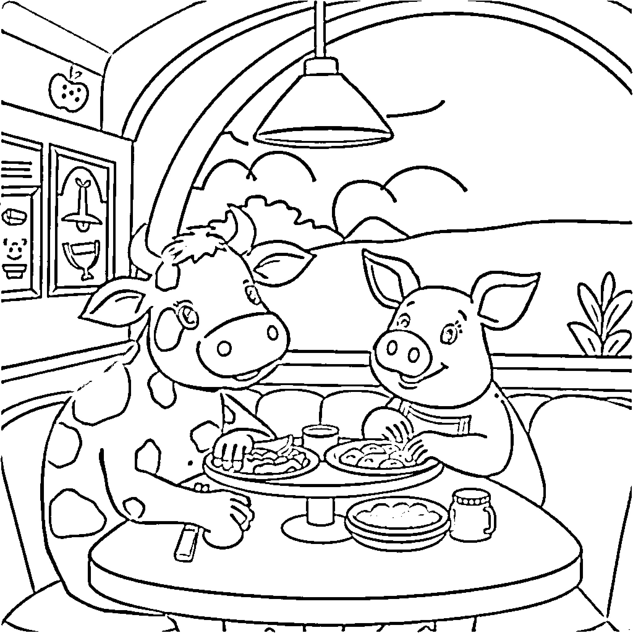 Cows having a meal in a cozy barn Coloring Page (free black-and-white line drawing printable PDF for all, from beginners to advanced learners, including children, teens, adults, and seniors)