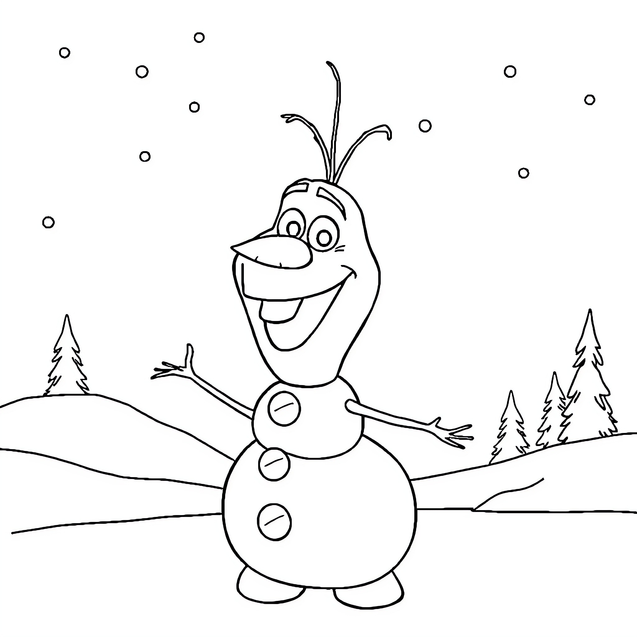 Olaf the Snowman Enjoying the Snowy Outdoors Coloring Page (free black-and-white line drawing printable PDF for all, from beginners to advanced learners, including children, teens, adults, and seniors)