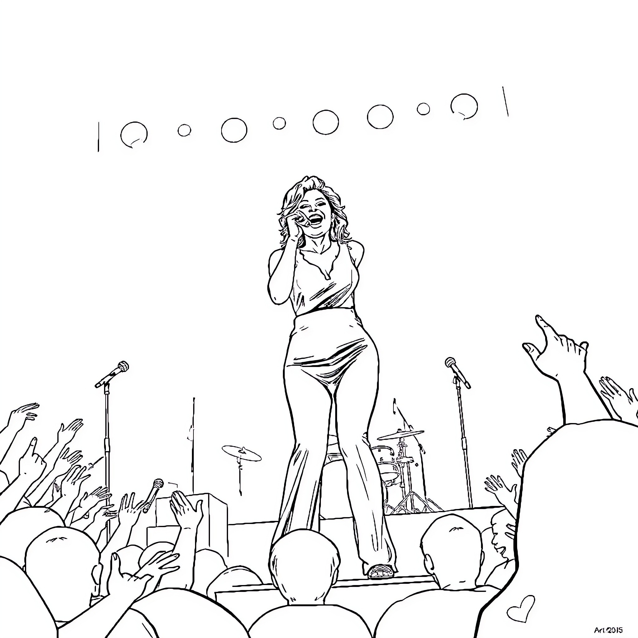 Alicia Keys performing energetically on stage Coloring Page (free black-and-white line drawing printable PDF for all, from beginners to advanced learners, including children, teens, adults, and seniors)