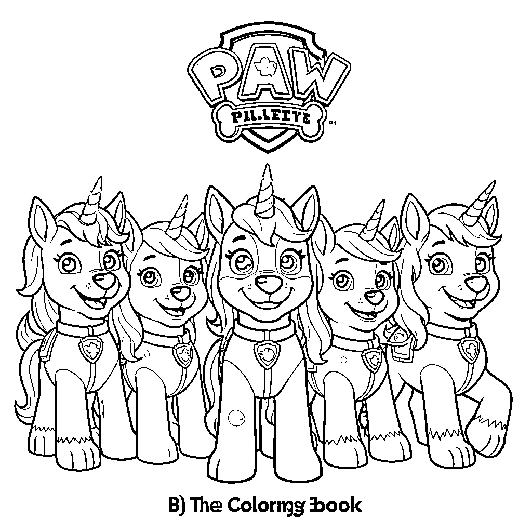 Paw Patrol pups dressed as magical unicorns Coloring Page (free black-and-white line drawing printable PDF for all, from beginners to advanced learners, including children, teens, adults, and seniors)