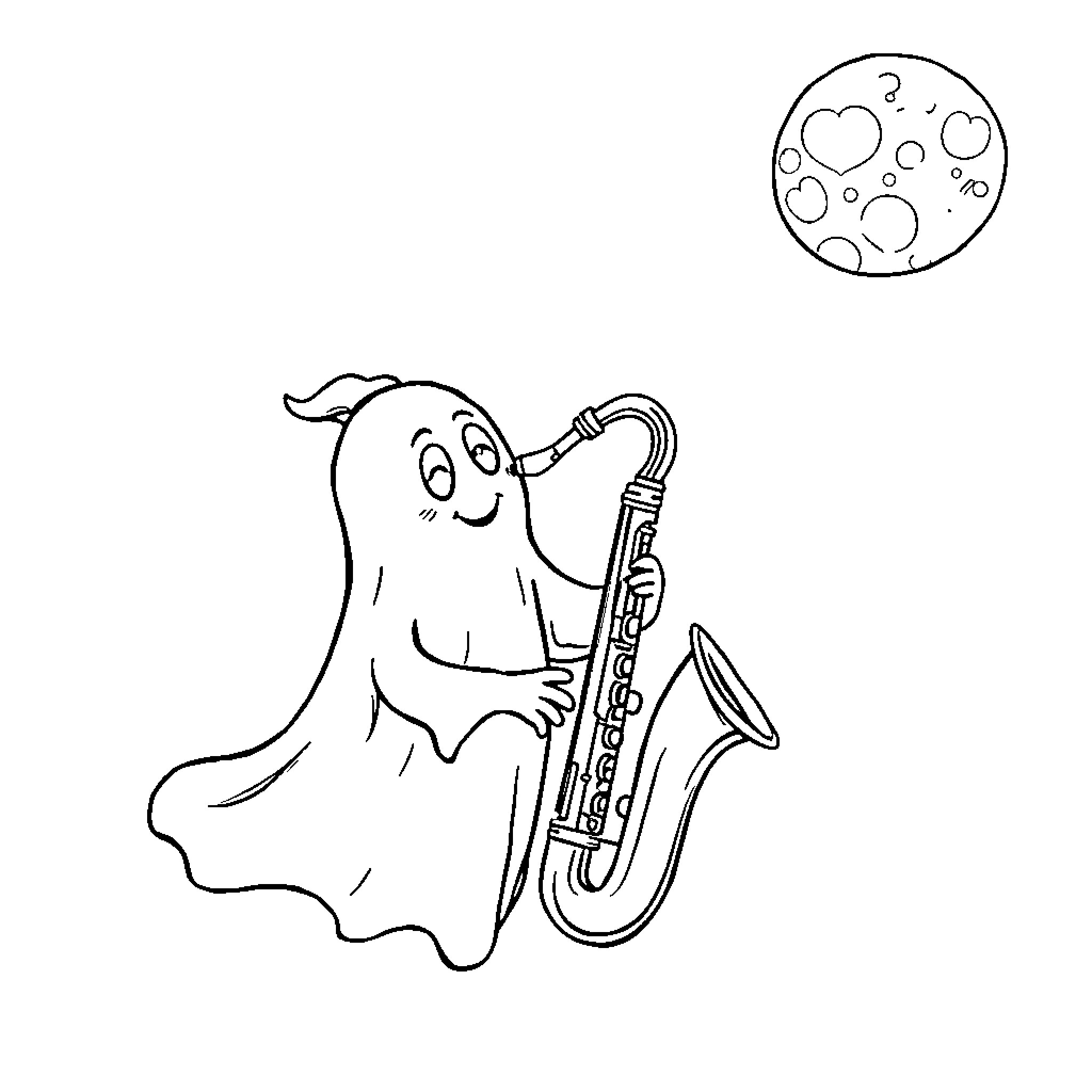 Ghost playing a saxophone under the moon Coloring Page (free black-and-white line drawing printable PDF for all, from beginners to advanced learners, including children, teens, adults, and seniors)