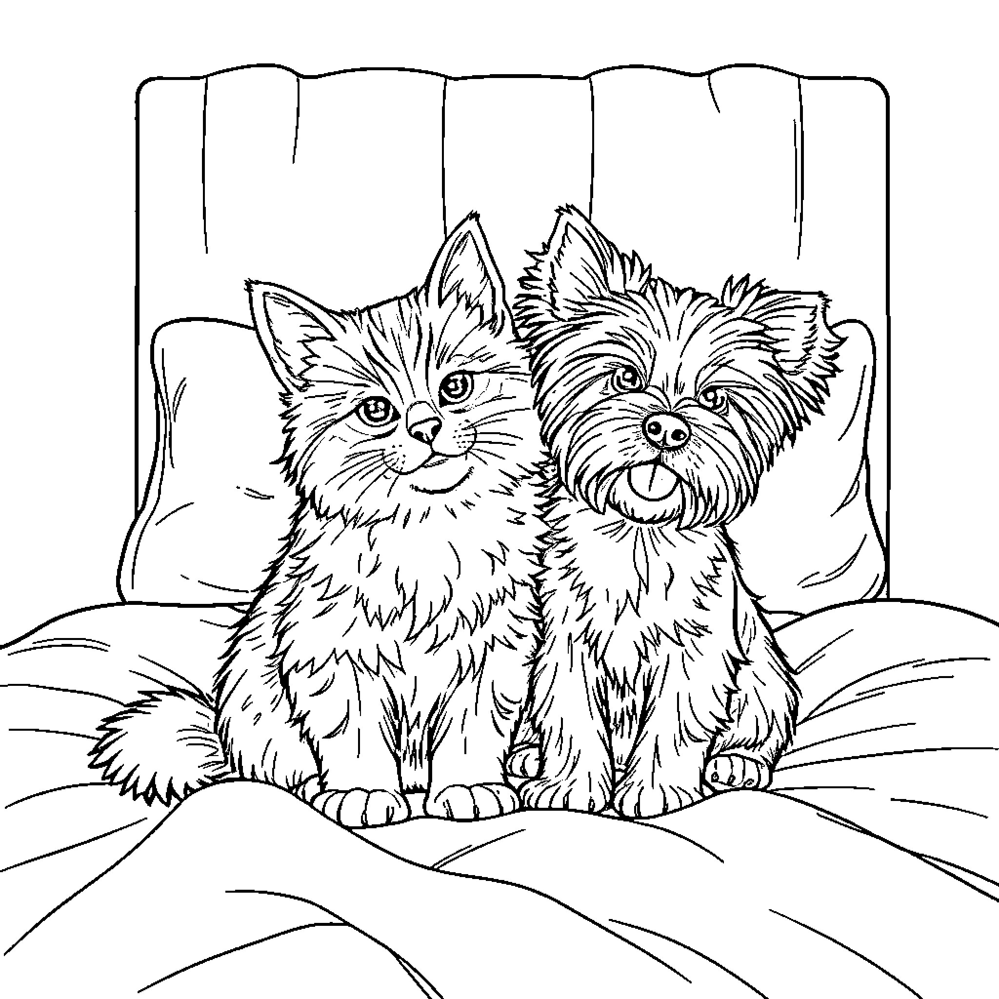 Cat companions cuddling on cozy bed Coloring Page (free black-and-white line drawing printable PDF for all, from beginners to advanced learners, including children, teens, adults, and seniors)