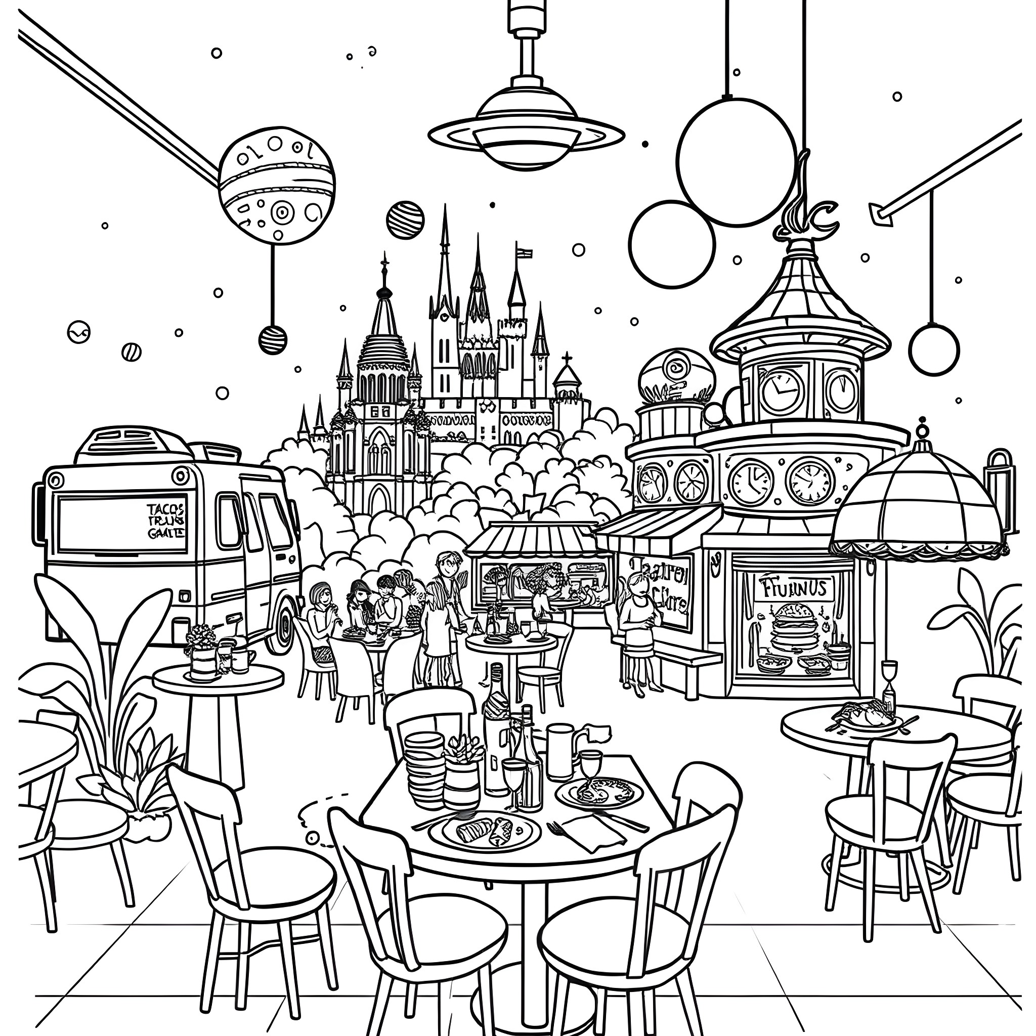 Planet with Fantasy Castles and Bustling Marketplace Coloring Page (free black-and-white line drawing printable PDF for all, from beginners to advanced learners, including children, teens, adults, and seniors)