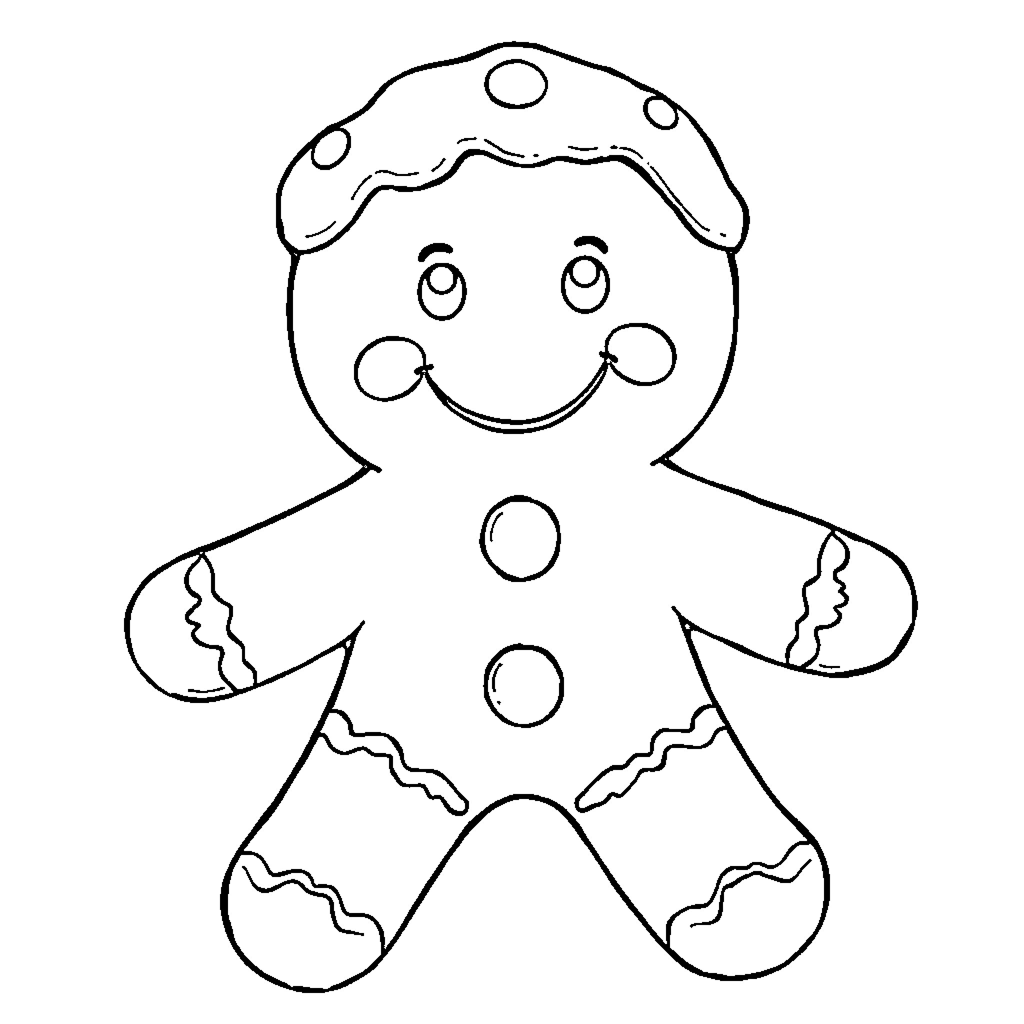 Gingerbread Man with a Friendly Expression Coloring Page (free black-and-white line drawing printable PDF for all, from beginners to advanced learners, including children, teens, adults, and seniors)