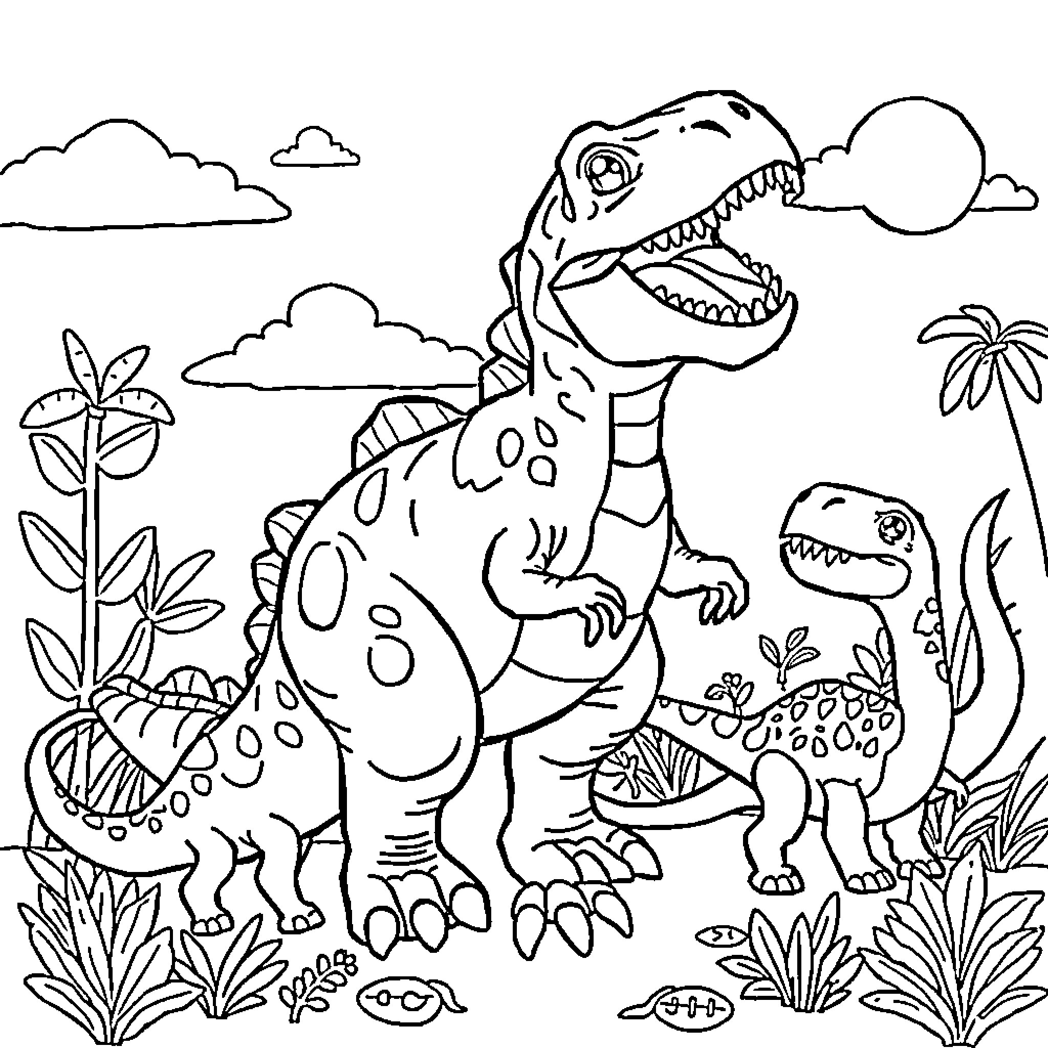 Dinosaurs exploring the lush prehistoric landscape Coloring Page (free black-and-white line drawing printable PDF for all, from beginners to advanced learners, including children, teens, adults, and seniors)