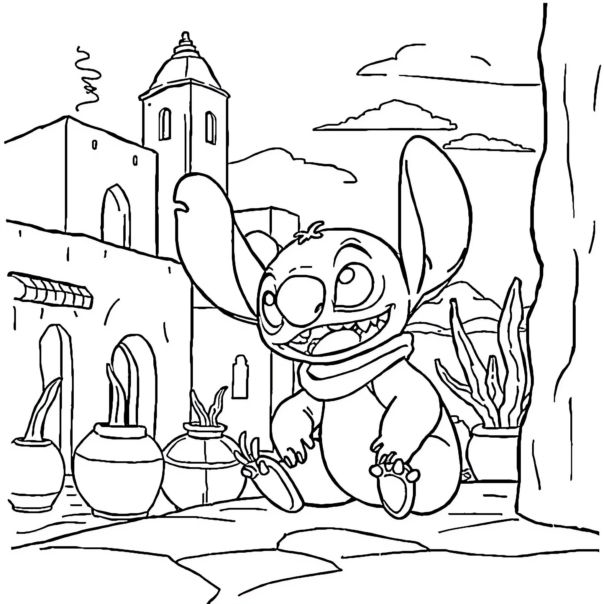 Stitch exploring a whimsical village landscape Coloring Page (free black-and-white line drawing printable PDF for all, from beginners to advanced learners, including children, teens, adults, and seniors)