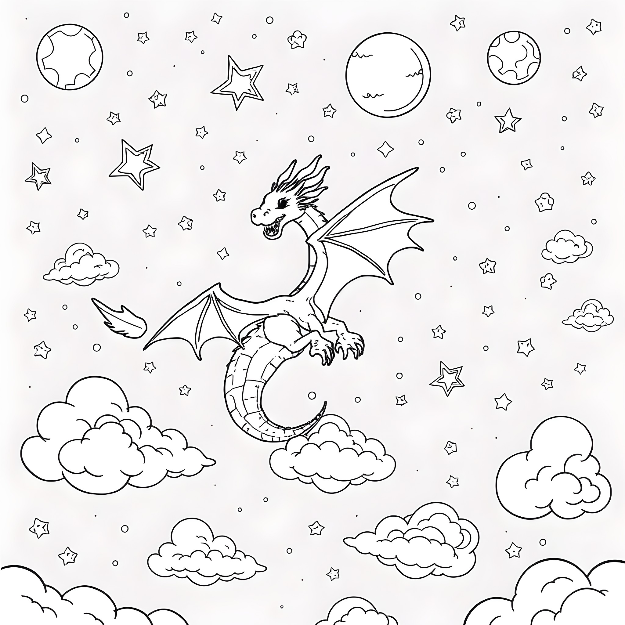 Dragon soaring through the starry night sky Coloring Page (free black-and-white line drawing printable PDF for all, from beginners to advanced learners, including children, teens, adults, and seniors)
