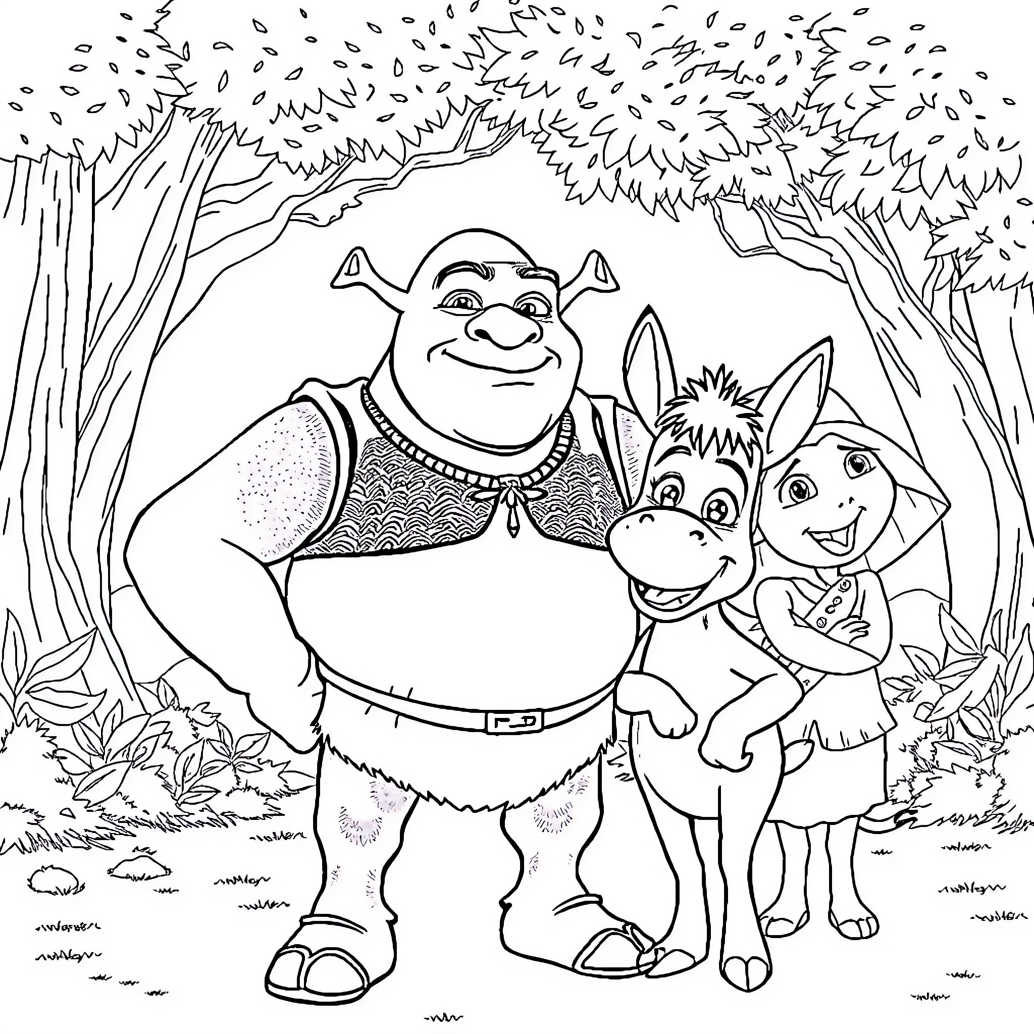 Shrek and his friends in the enchanted forest Coloring Page (free black-and-white line drawing printable PDF for all, from beginners to advanced learners, including children, teens, adults, and seniors)