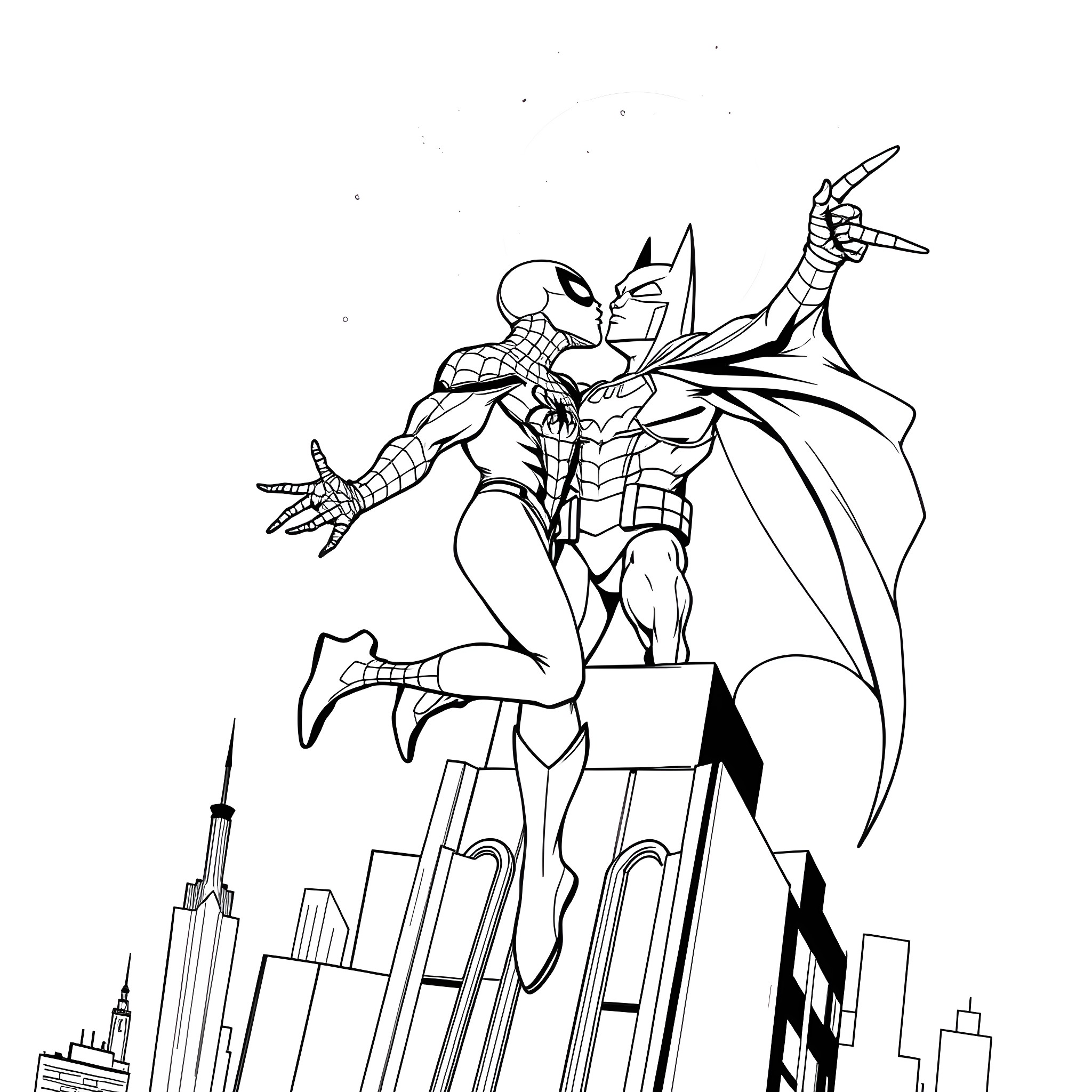 Spider-Man leaping heroically over the city skyline Coloring Page (free black-and-white line drawing printable PDF for all, from beginners to advanced learners, including children, teens, adults, and seniors)