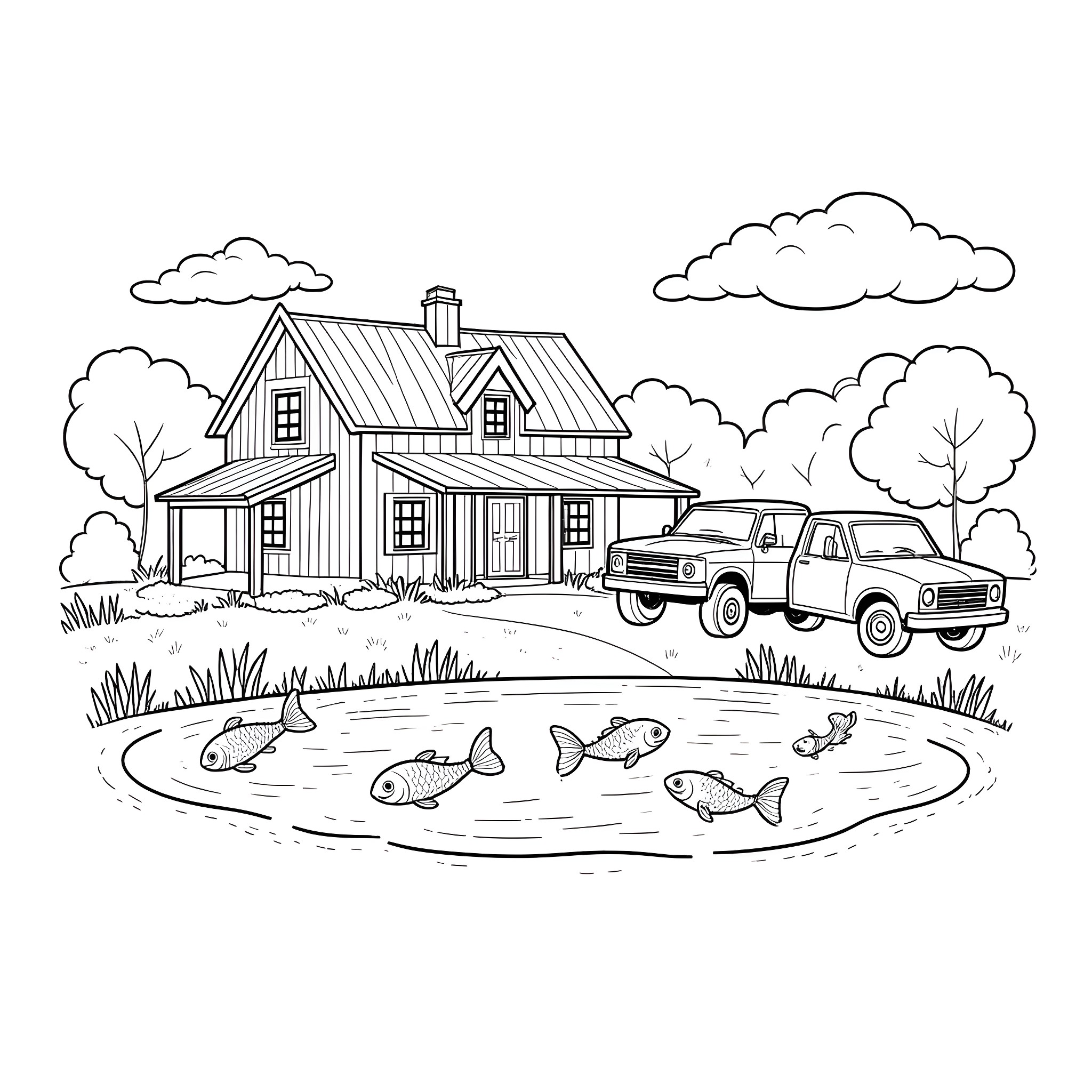 Farmhouse with a truck and a pond Coloring Page (free black-and-white line drawing printable PDF for all, from beginners to advanced learners, including children, teens, adults, and seniors)