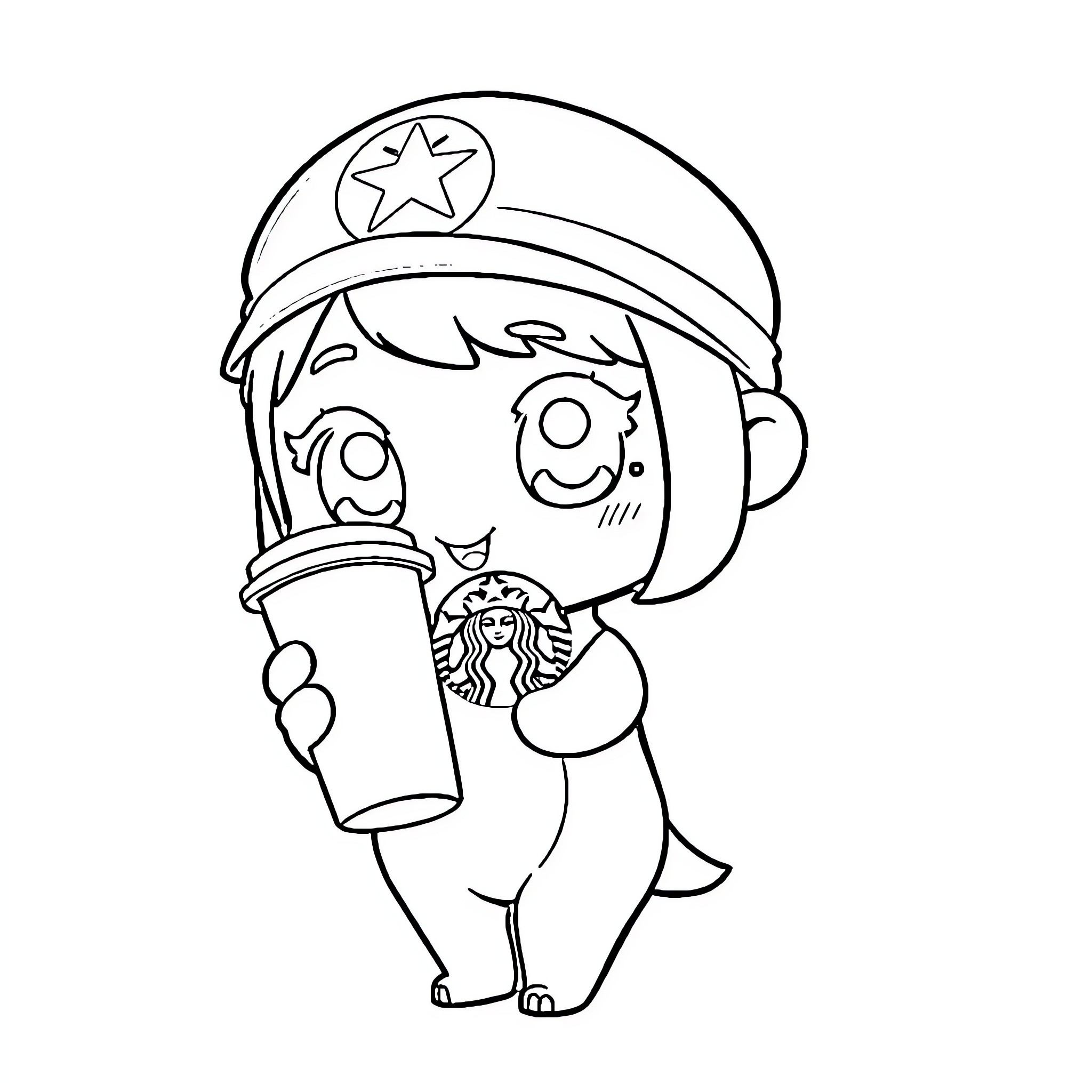 Labubu enjoying a Starbucks drink Coloring Page (free black-and-white line drawing printable PDF for all, from beginners to advanced learners, including children, teens, adults, and seniors)