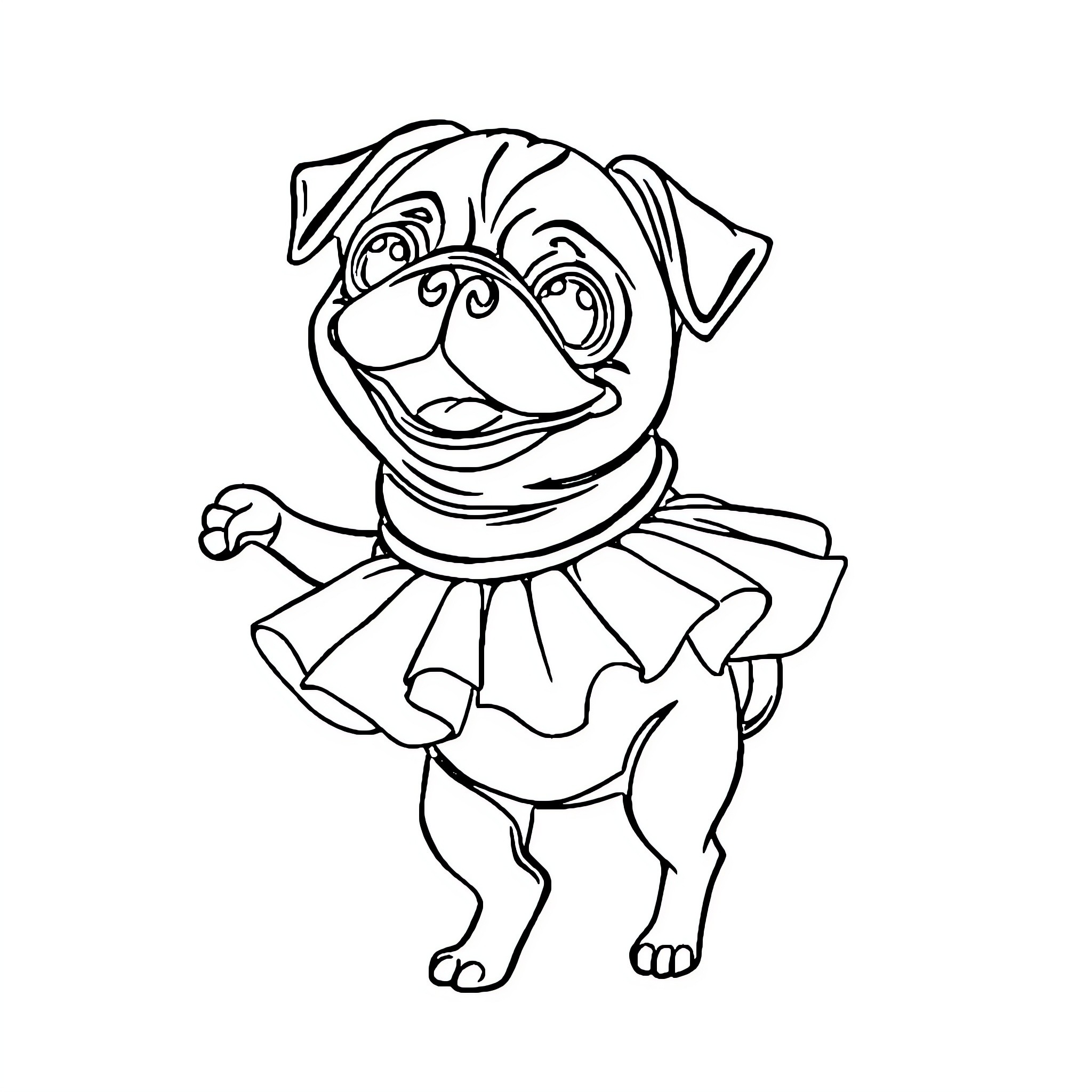 Pug wearing a playful costume Coloring Page (free black-and-white line drawing printable PDF for all, from beginners to advanced learners, including children, teens, adults, and seniors)