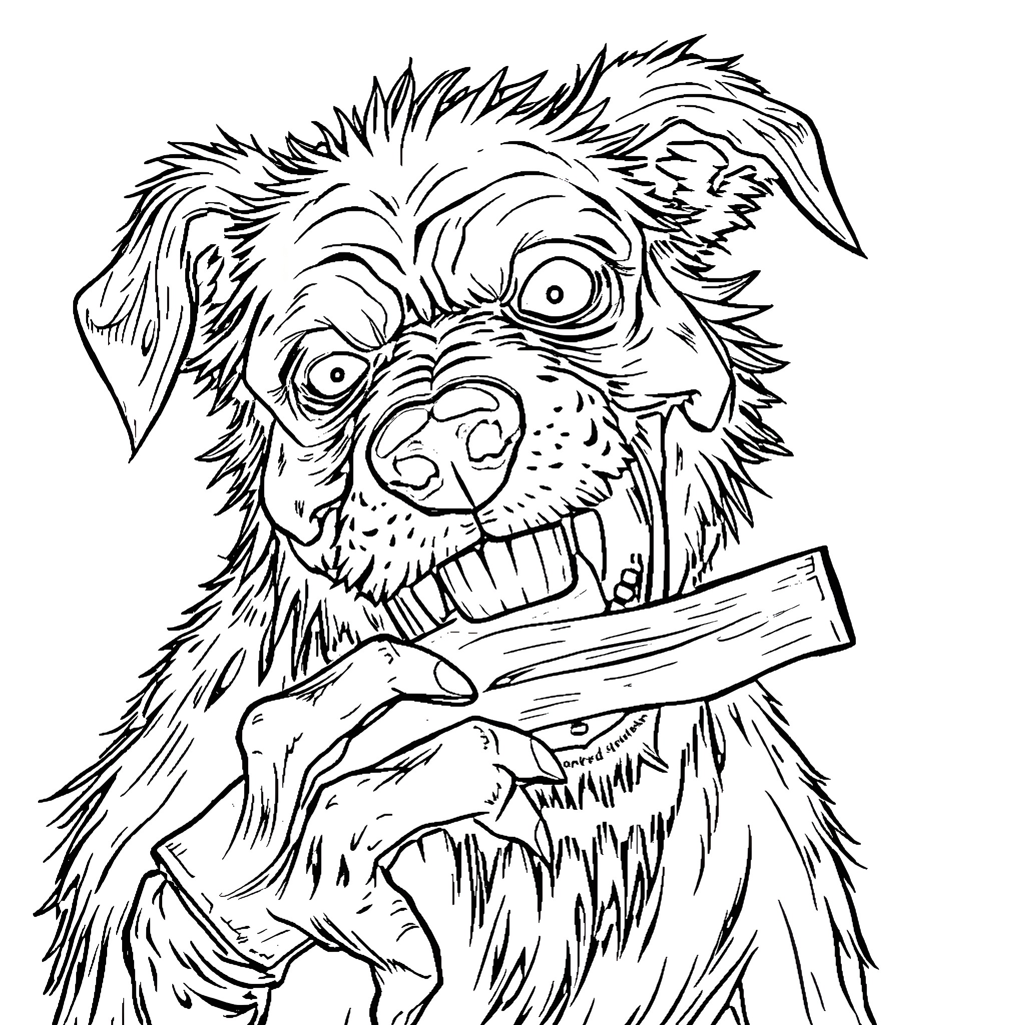 Zombie Dog Biting a Wooden Plank Coloring Page (free black-and-white line drawing printable PDF for all, from beginners to advanced learners, including children, teens, adults, and seniors)