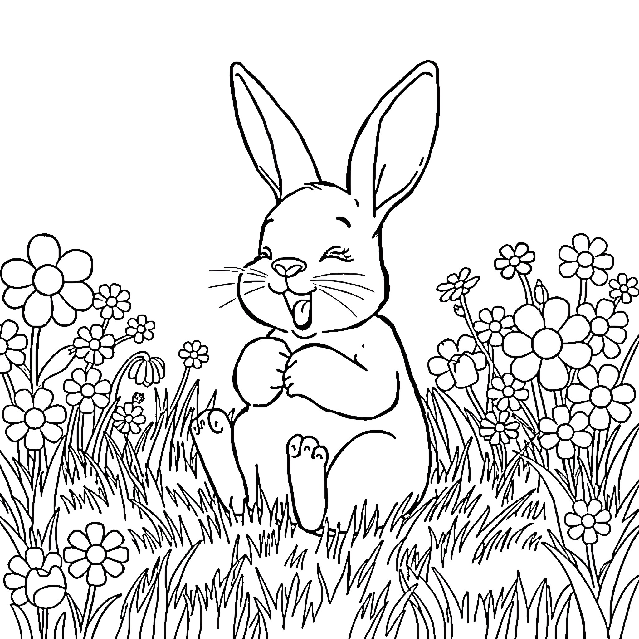 Bunny frolicking joyfully in a floral meadow Coloring Page (free black-and-white line drawing printable PDF for all, from beginners to advanced learners, including children, teens, adults, and seniors)