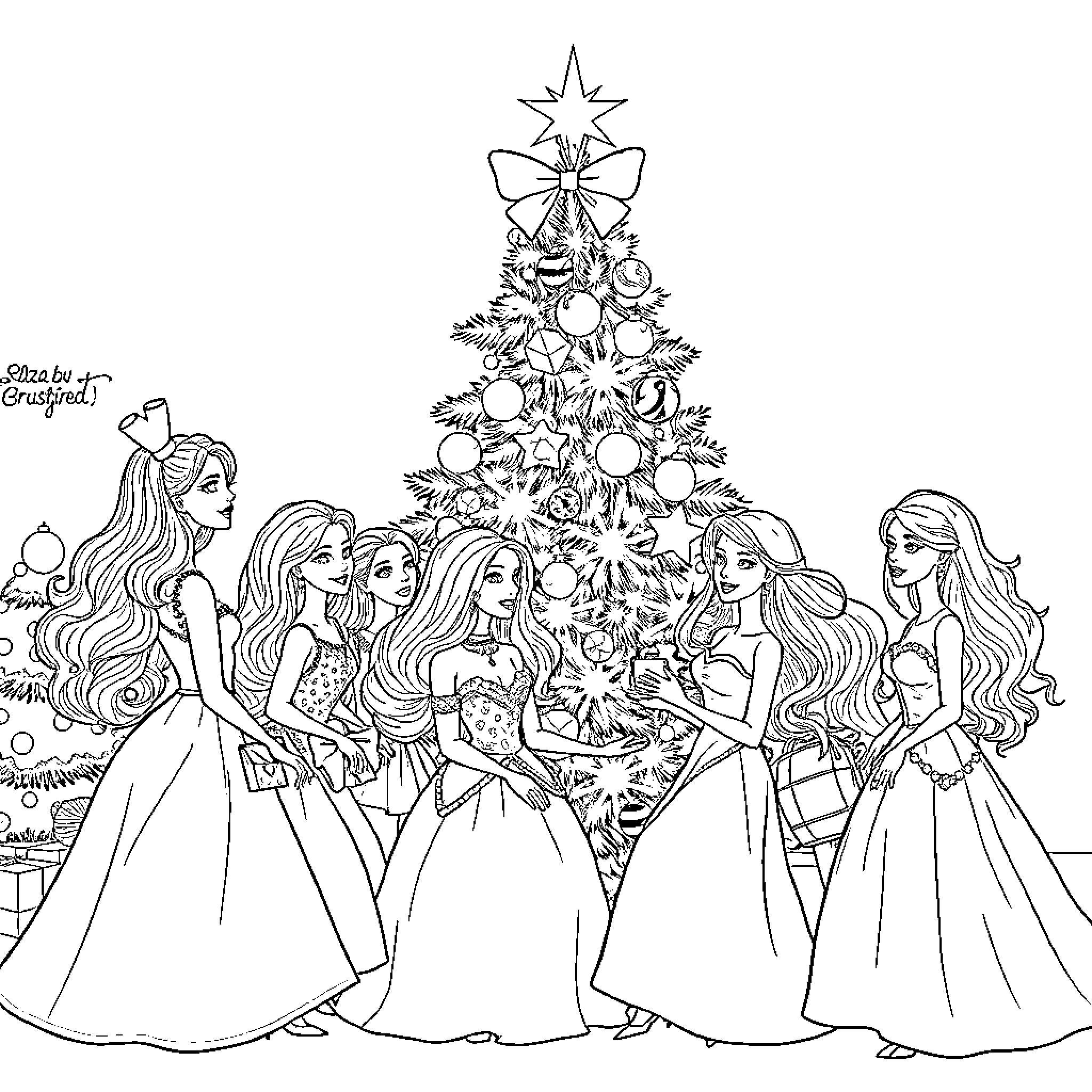 Elza and friends celebrate a festive Christmas Coloring Page (free black-and-white line drawing printable PDF for all, from beginners to advanced learners, including children, teens, adults, and seniors)