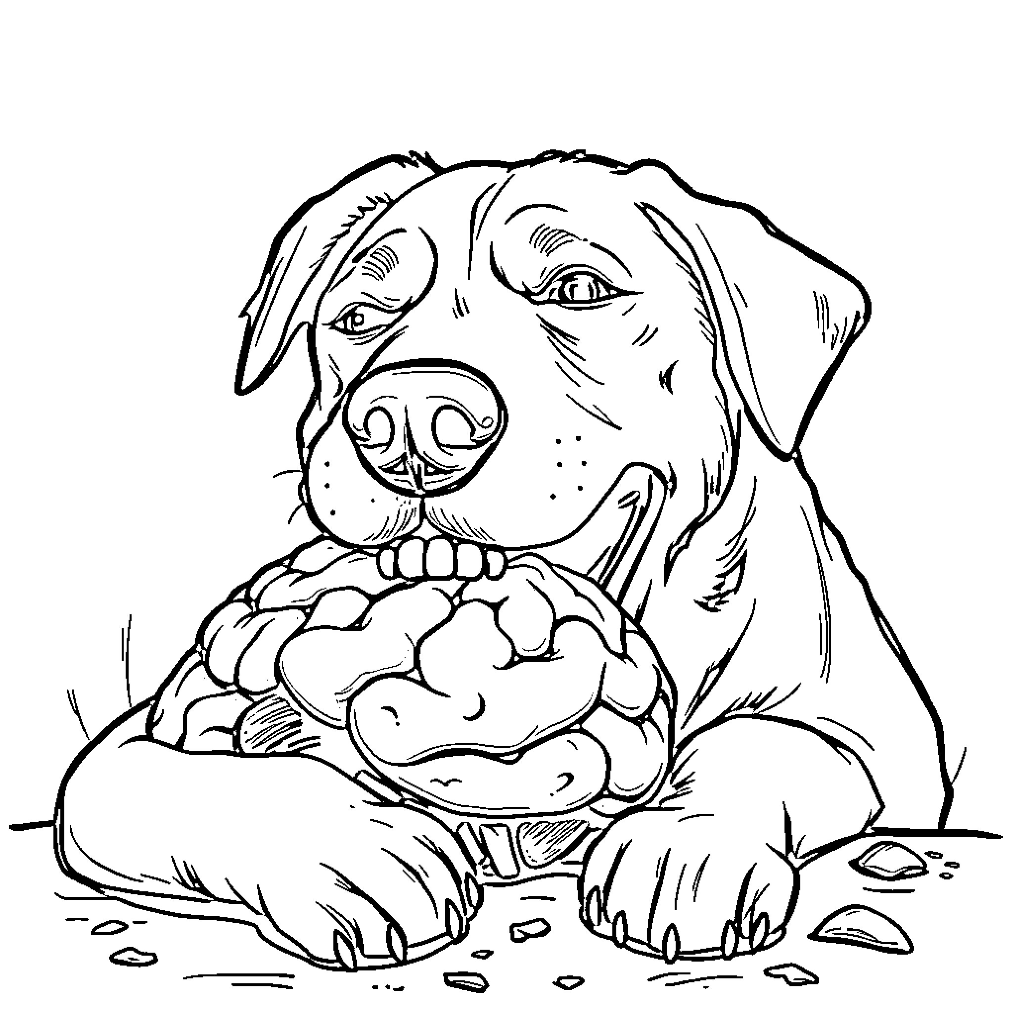 Dog happily playing with a bone in the dirt Coloring Page (free black-and-white line drawing printable PDF for all, from beginners to advanced learners, including children, teens, adults, and seniors)