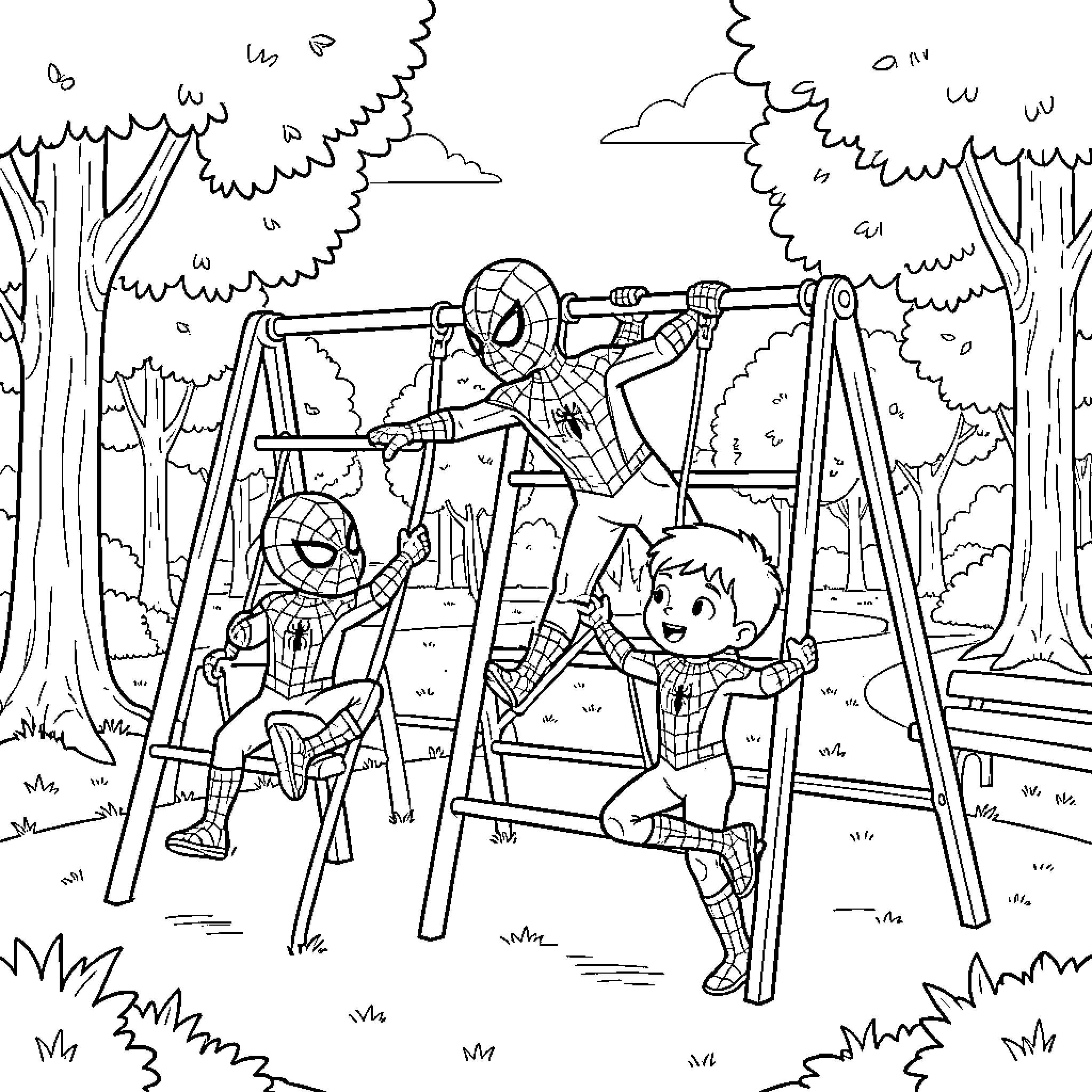 Spiderman playing on swings at a park with children Coloring Page (free black-and-white line drawing printable PDF for all, from beginners to advanced learners, including children, teens, adults, and seniors)