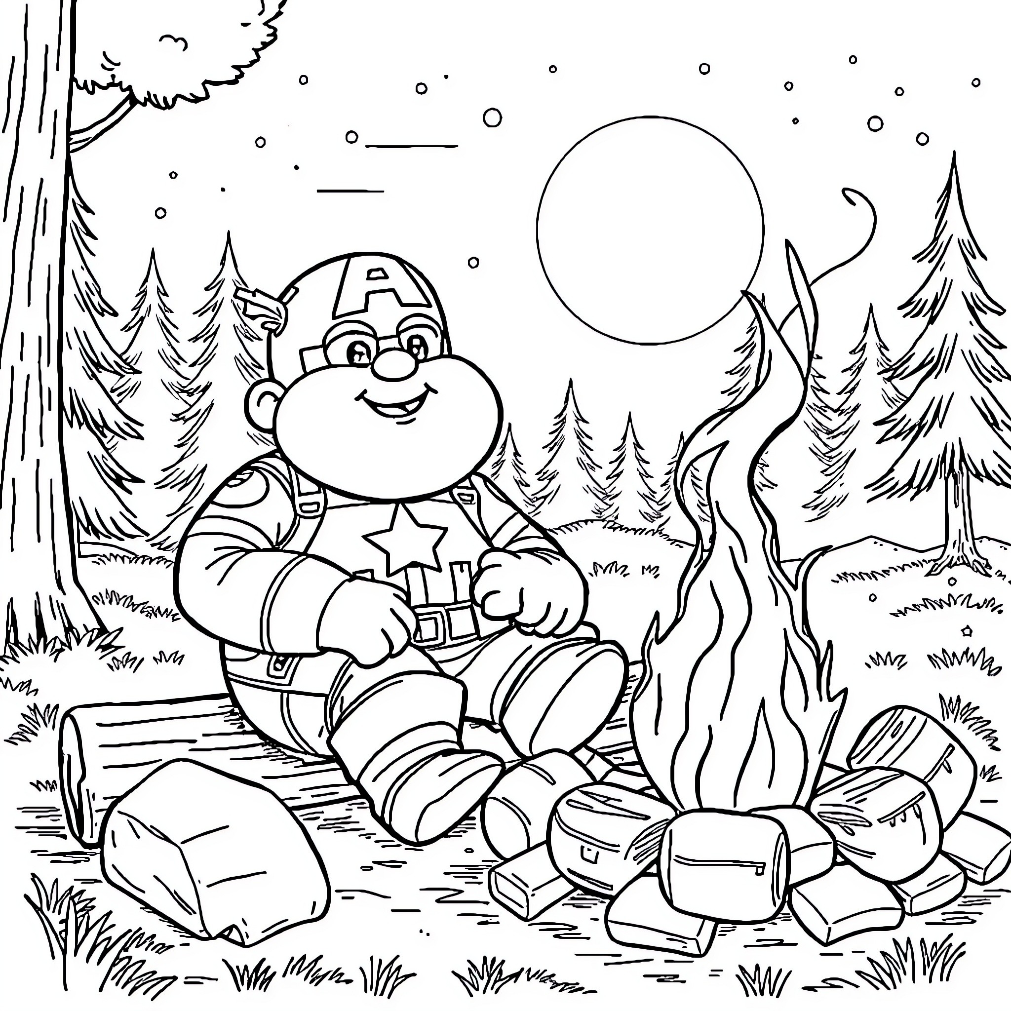 Captain America Enjoying a Cozy Campfire in the Woods Coloring Page (free black-and-white line drawing printable PDF for all, from beginners to advanced learners, including children, teens, adults, and seniors)