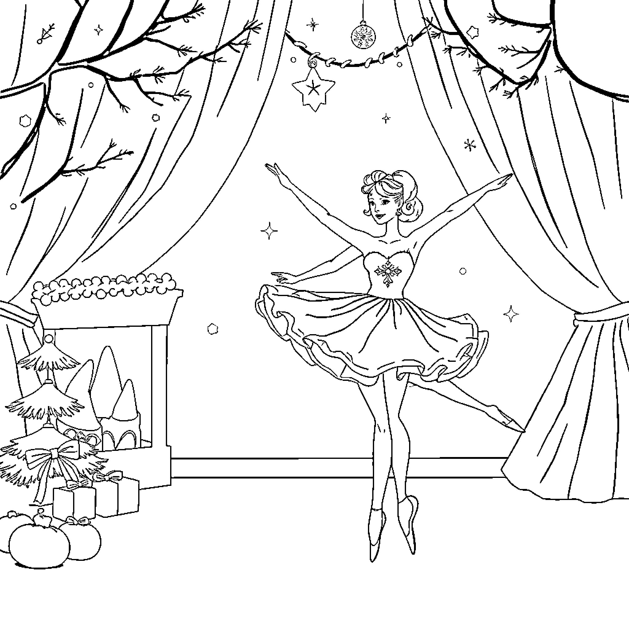 Ballerina dancing gracefully on stage Coloring Page (free black-and-white line drawing printable PDF for all, from beginners to advanced learners, including children, teens, adults, and seniors)