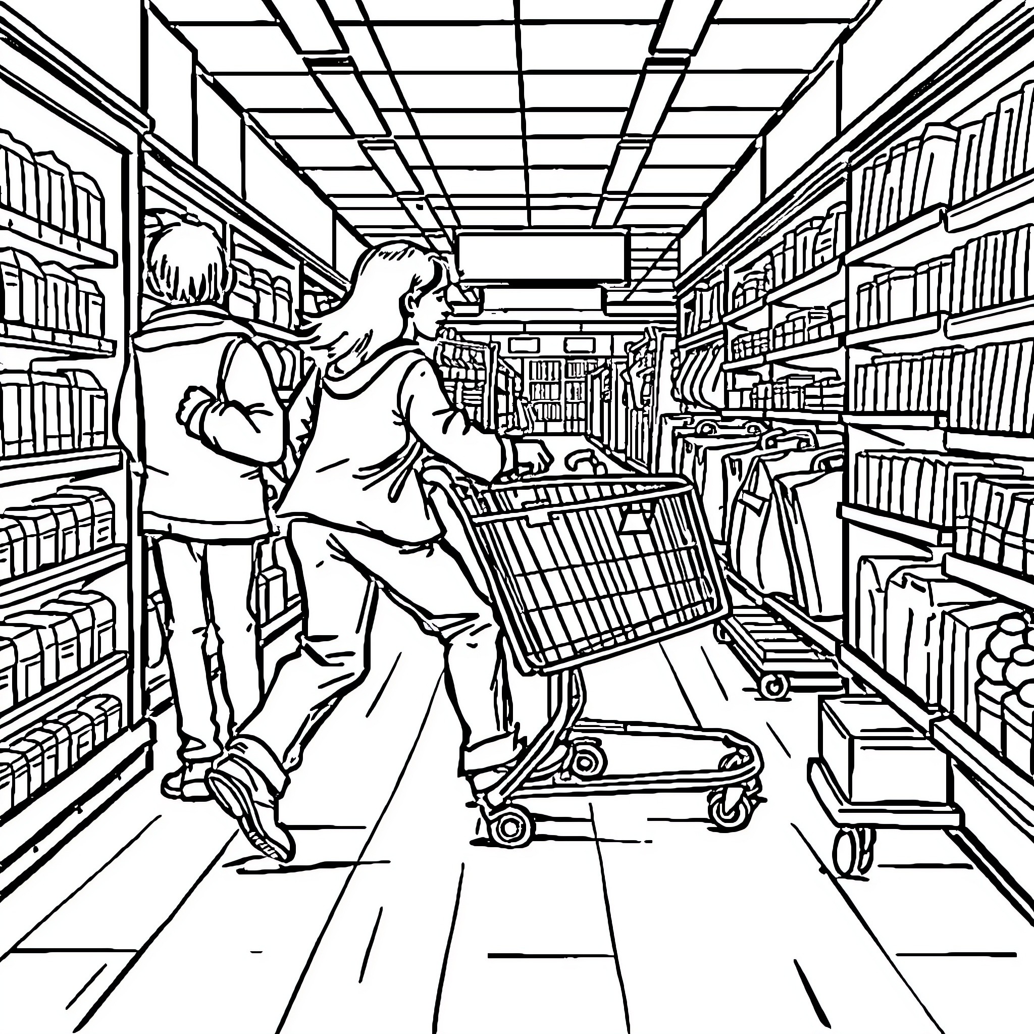 Customer Exploring Shelves in Retail Store Coloring Page (free black-and-white line drawing printable PDF for all, from beginners to advanced learners, including children, teens, adults, and seniors)