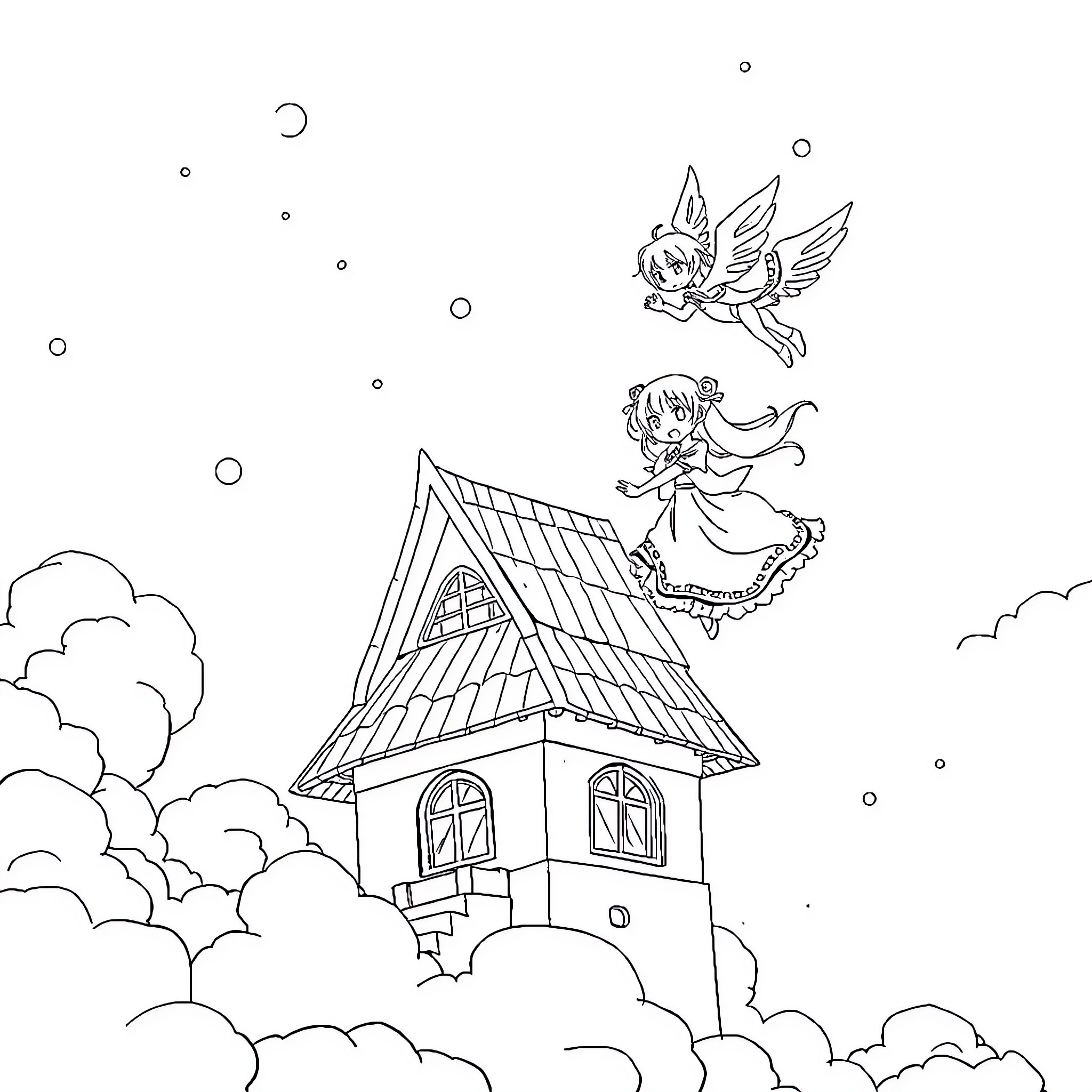 Shiriu: Fairy Fly in Magical House Coloring Page (free black-and-white line drawing printable PDF for all, from beginners to advanced learners, including children, teens, adults, and seniors)