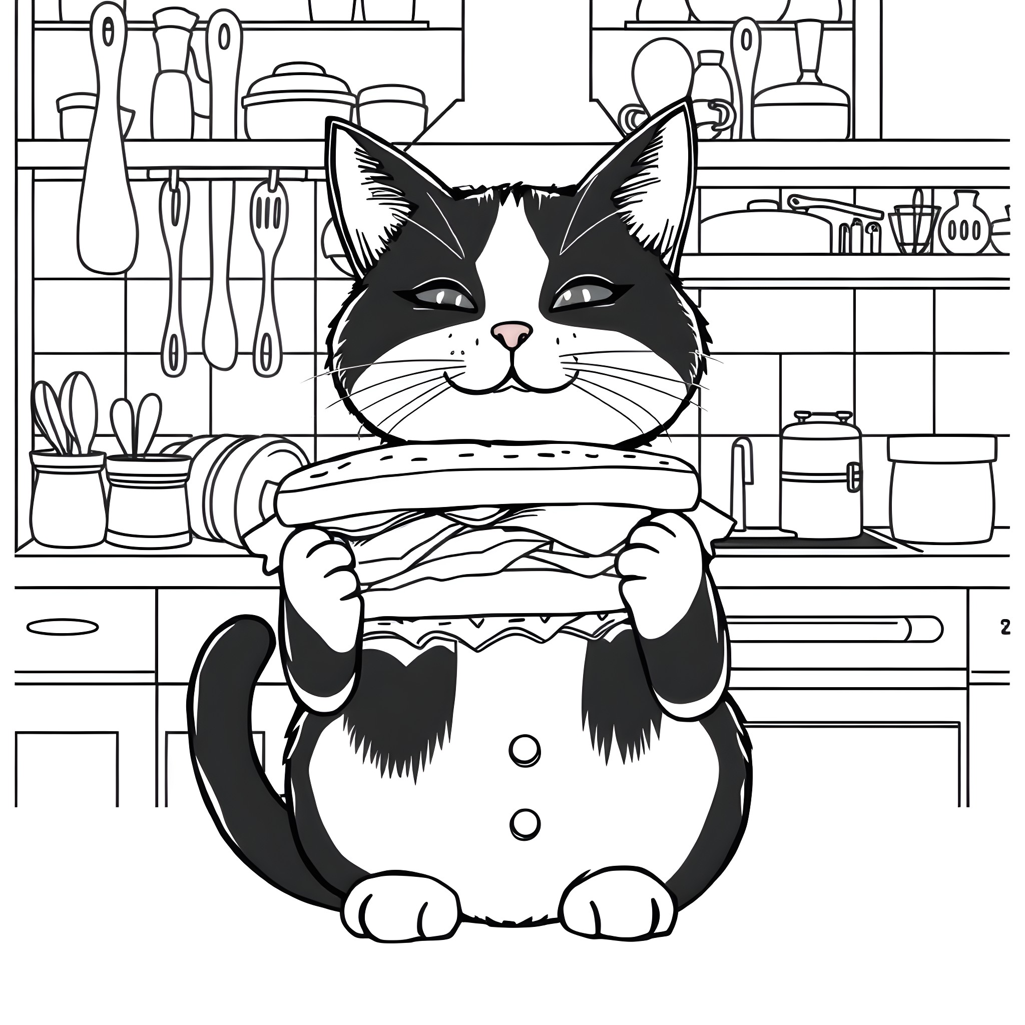 Cat chef cooking in the kitchen Coloring Page (free black-and-white line drawing printable PDF for all, from beginners to advanced learners, including children, teens, adults, and seniors)