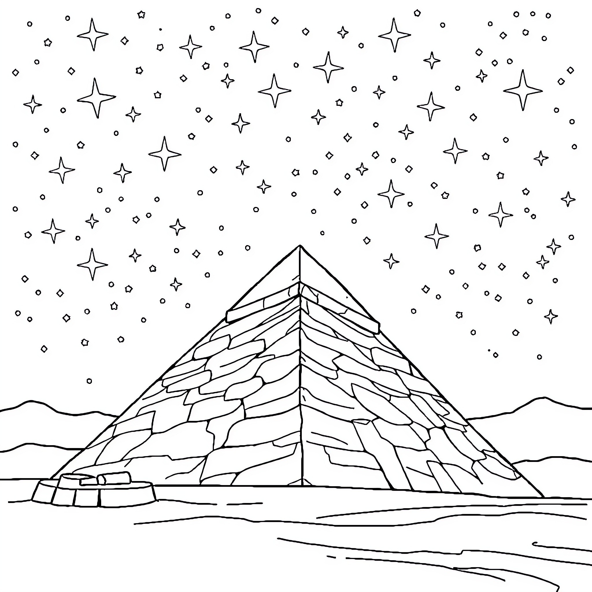Pyramid in starry night sky Coloring Page (free black-and-white line drawing printable PDF for all, from beginners to advanced learners, including children, teens, adults, and seniors)
