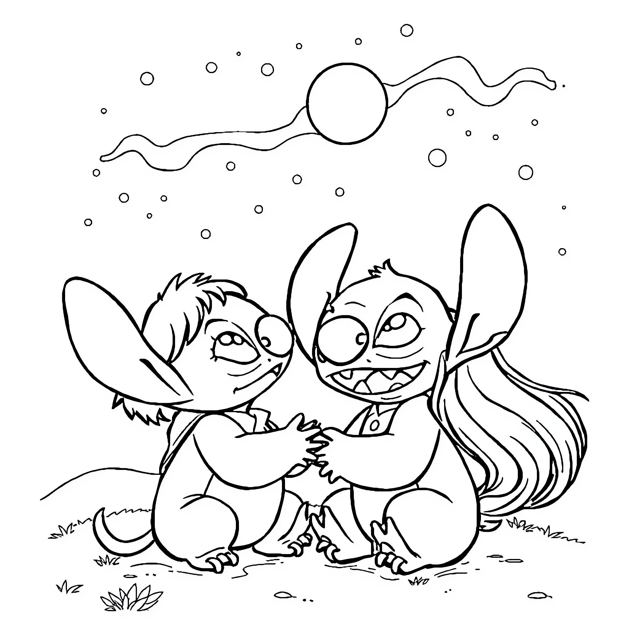 Stitch and Lilo playing together in the night Coloring Page (free black-and-white line drawing printable PDF for all, from beginners to advanced learners, including children, teens, adults, and seniors)