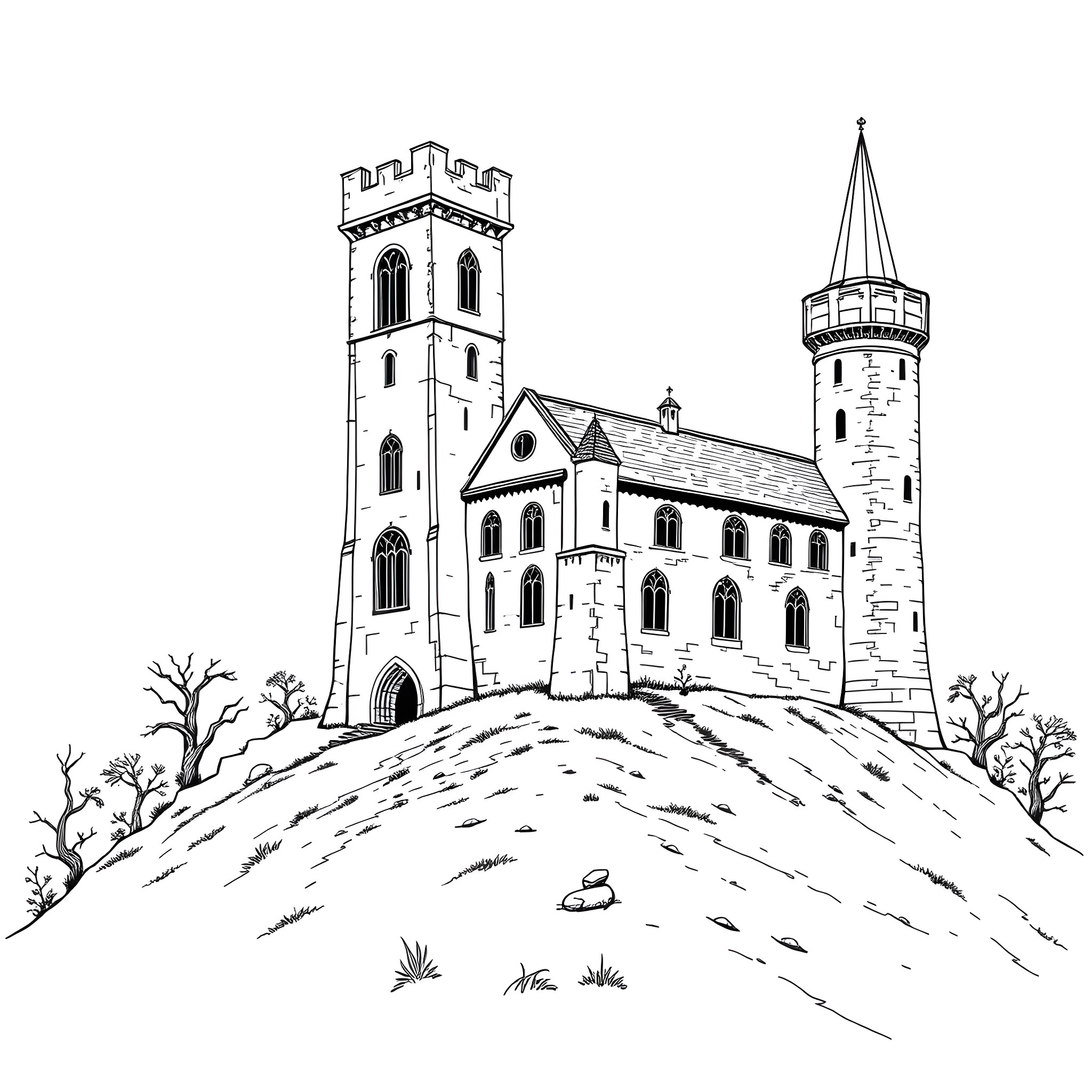 Castle with towers on a hilltop Coloring Page (free black-and-white line drawing printable PDF for all, from beginners to advanced learners, including children, teens, adults, and seniors)