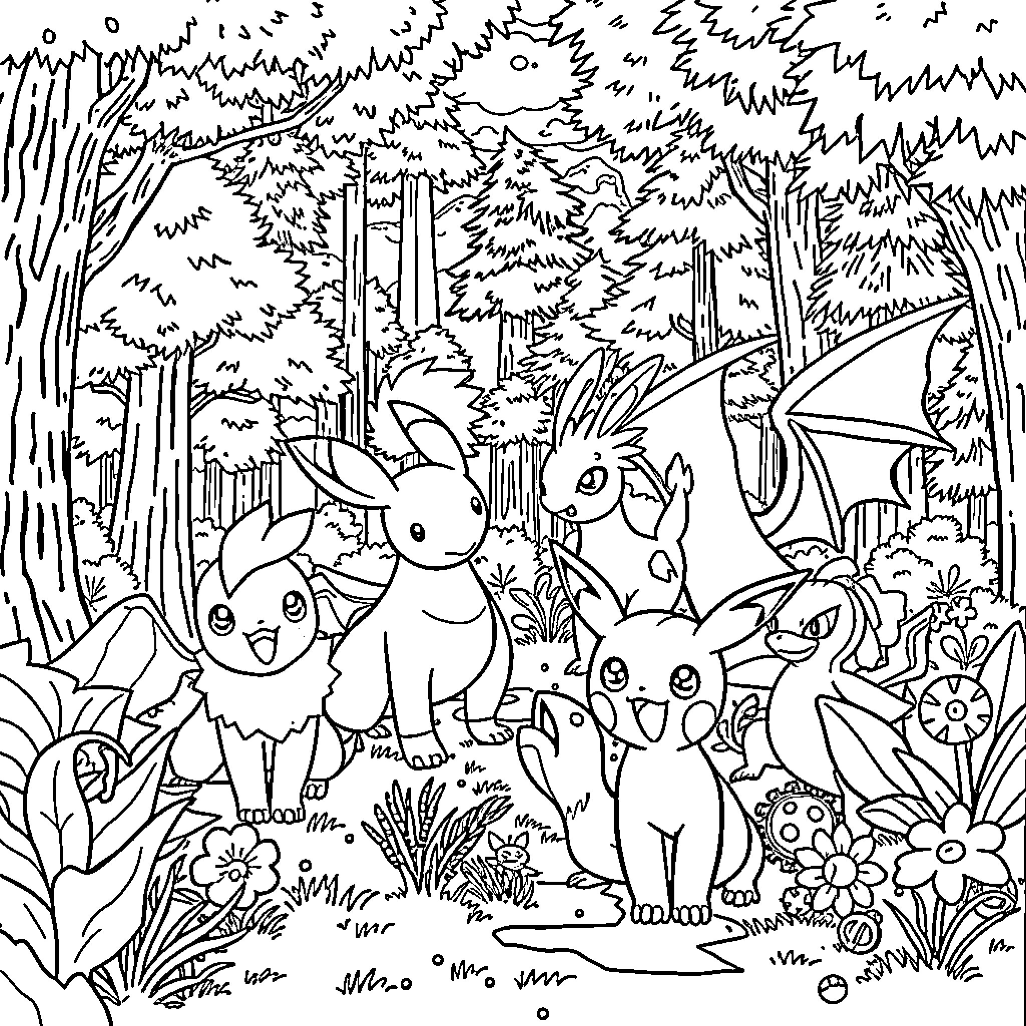 Pokémon Characters in a Whimsical Forest Scene Coloring Page (free black-and-white line drawing printable PDF for all, from beginners to advanced learners, including children, teens, adults, and seniors)