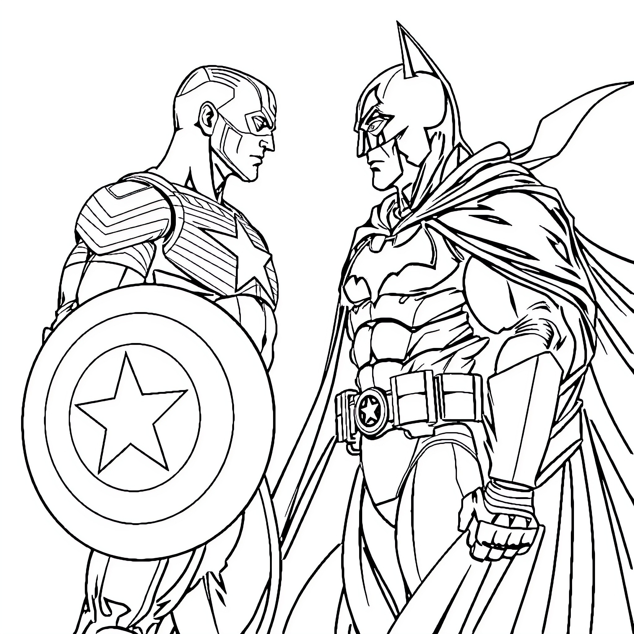 Captain America and Batman in Epic Standoff Coloring Page (free black-and-white line drawing printable PDF for all, from beginners to advanced learners, including children, teens, adults, and seniors)