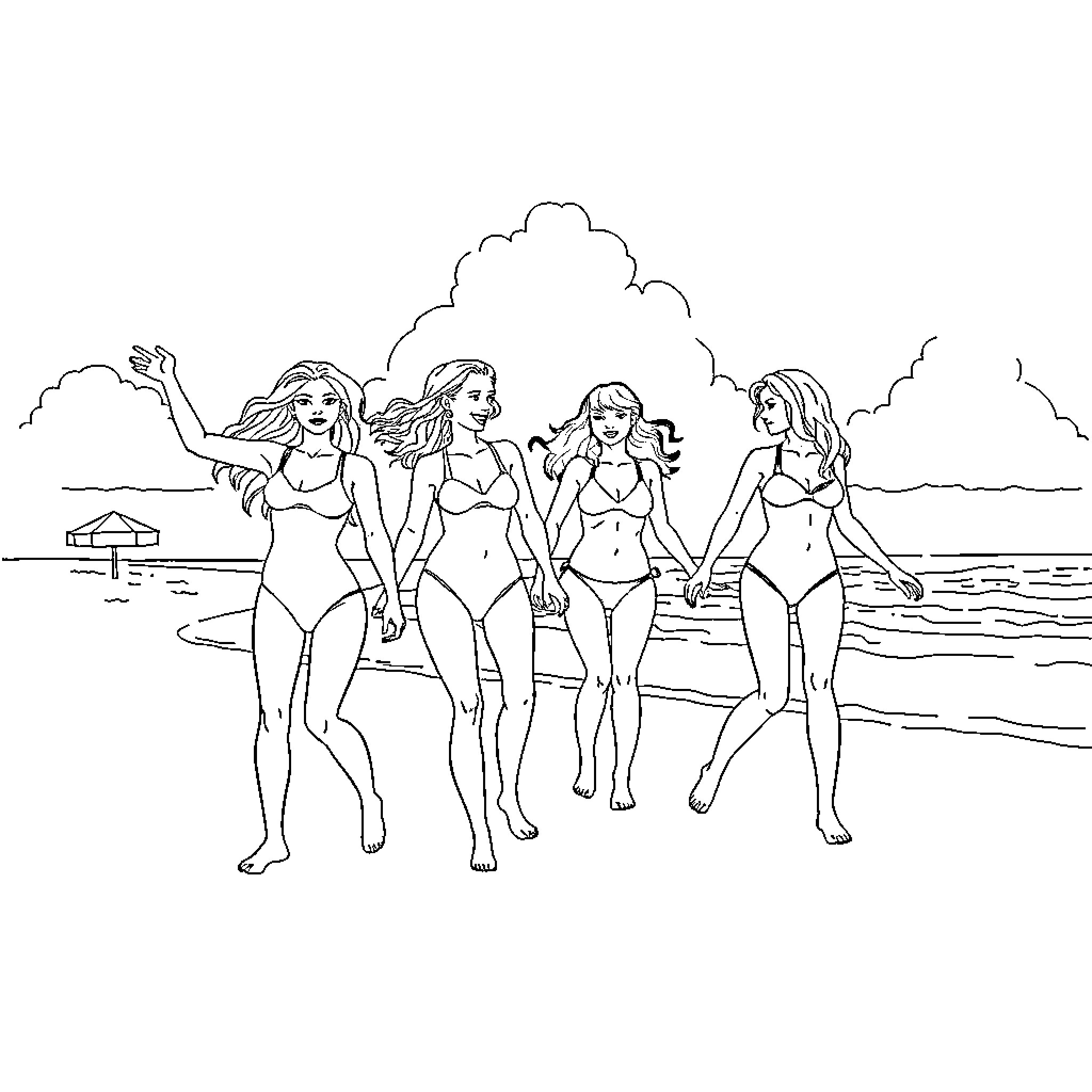 Girls enjoying a day at the beach Coloring Page (free black-and-white line drawing printable PDF for all, from beginners to advanced learners, including children, teens, adults, and seniors)