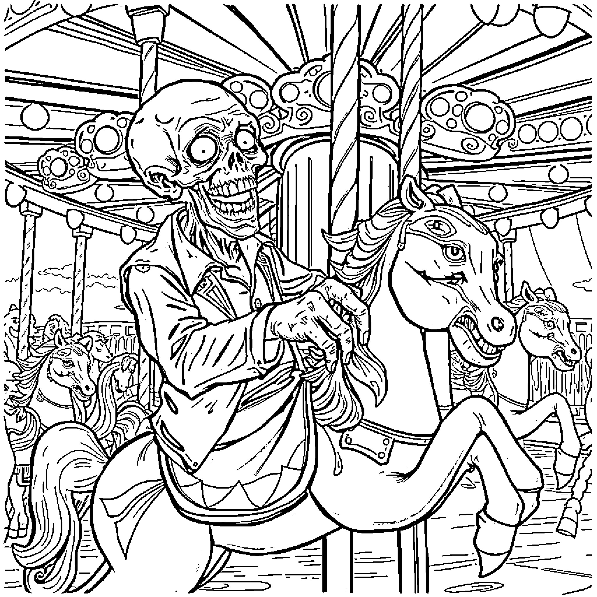 Zombie Carnival Rides and Attractions Coloring Page (free black-and-white line drawing printable PDF for all, from beginners to advanced learners, including children, teens, adults, and seniors)