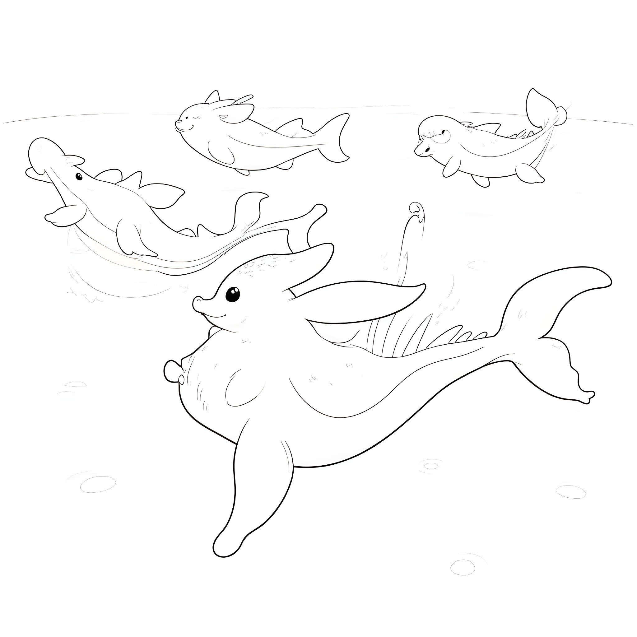 Gyarados and other aquatic creatures swimming together Coloring Page (free black-and-white line drawing printable PDF for all, from beginners to advanced learners, including children, teens, adults, and seniors)
