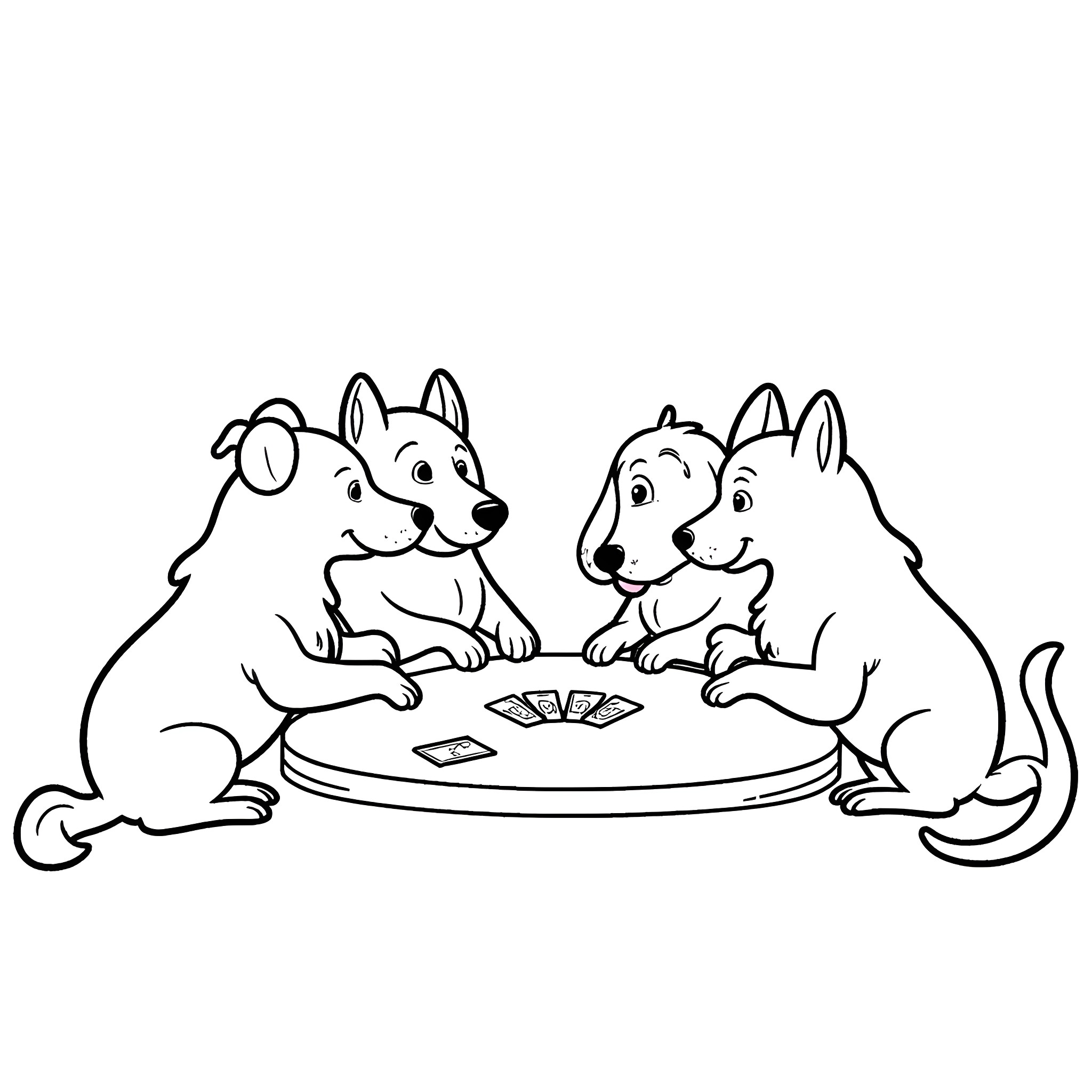 Dogs playing cards together happily Coloring Page (free black-and-white line drawing printable PDF for all, from beginners to advanced learners, including children, teens, adults, and seniors)