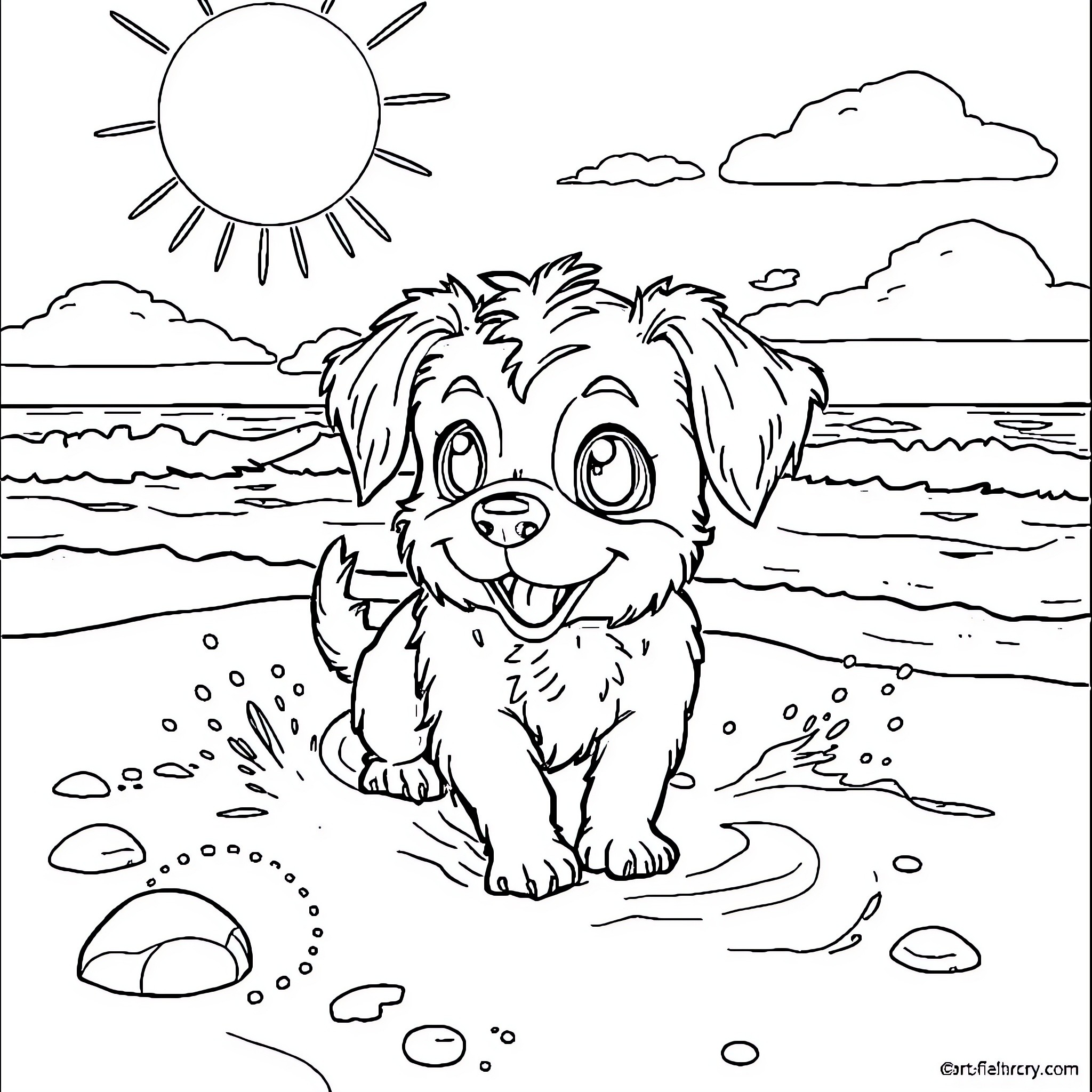 Huntrix Puppy Playing Joyfully at the Beach Coloring Page (free black-and-white line drawing printable PDF for all, from beginners to advanced learners, including children, teens, adults, and seniors)