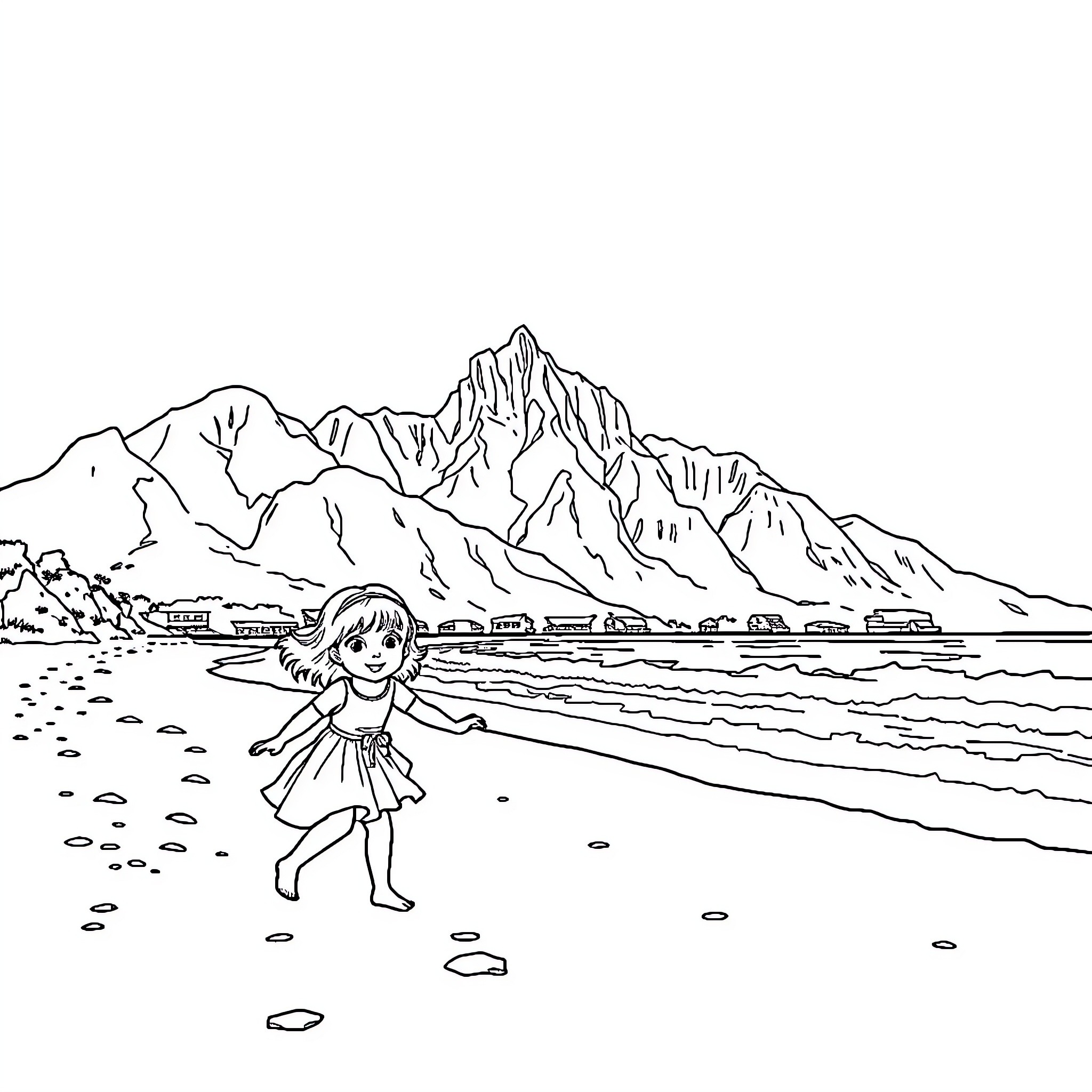 Twin girls playing on the beach near mountains Coloring Page (free black-and-white line drawing printable PDF for all, from beginners to advanced learners, including children, teens, adults, and seniors)