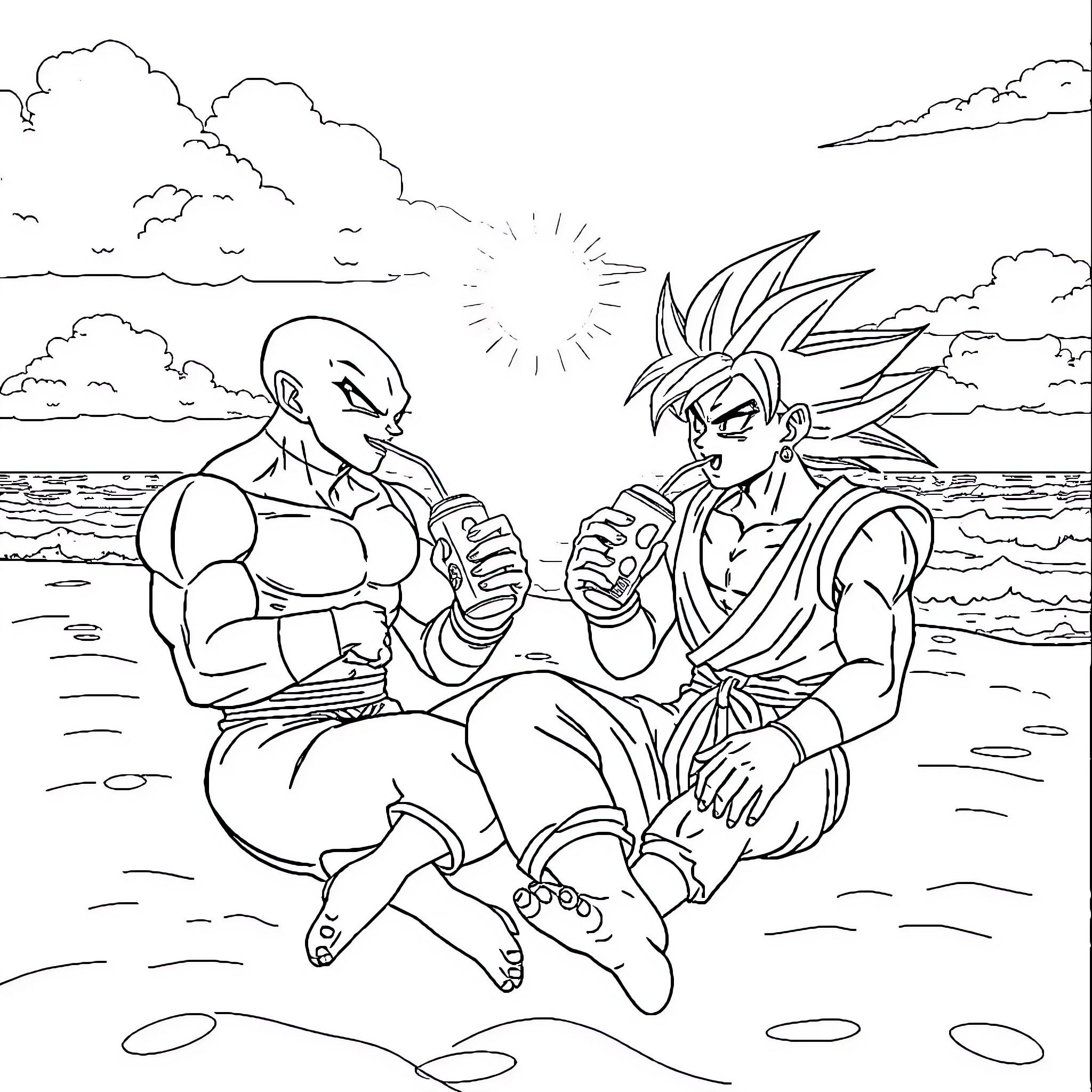 Frieza and Goku engage in an intense battle on the beach Coloring Page (free black-and-white line drawing printable PDF for all, from beginners to advanced learners, including children, teens, adults, and seniors)