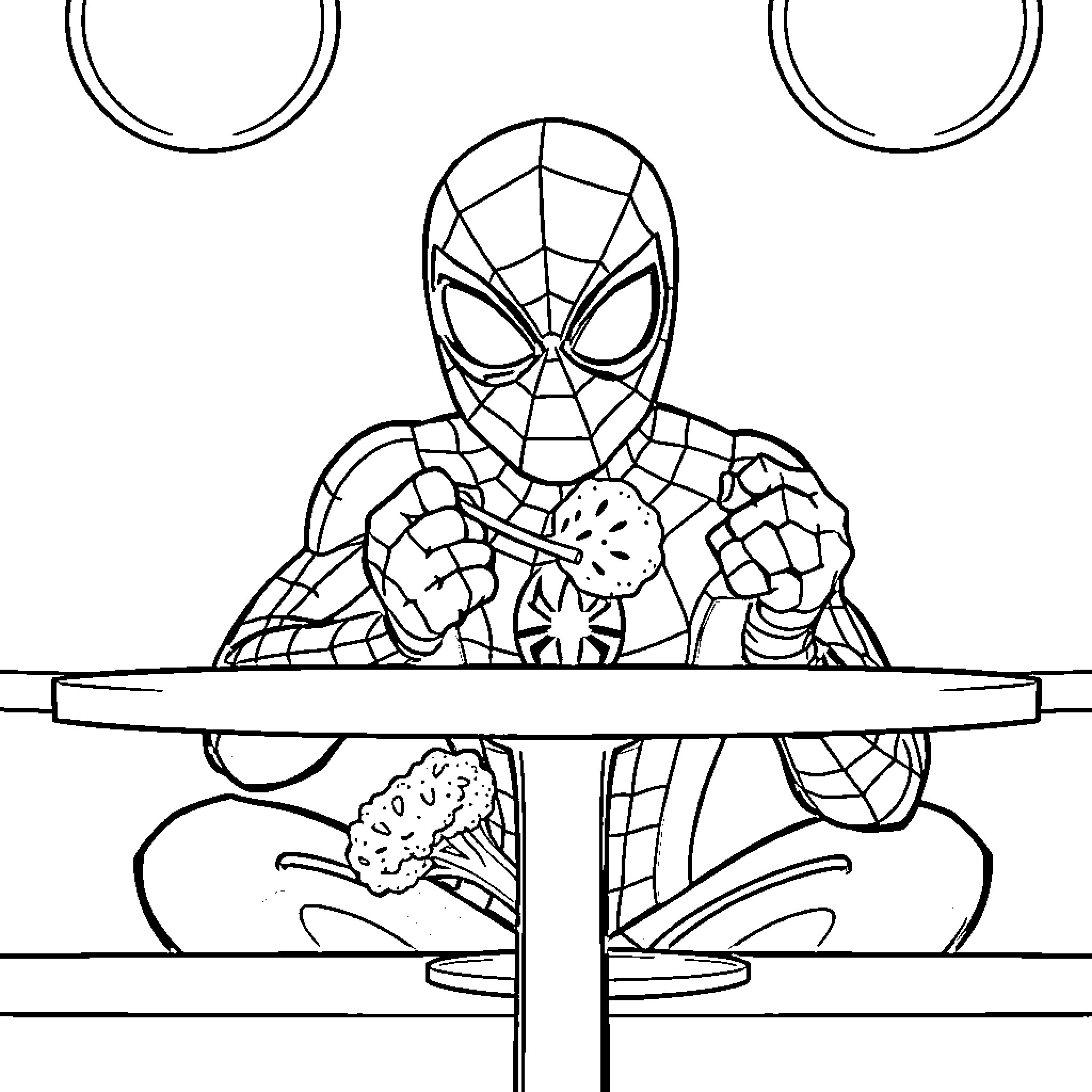 Spiderman sitting at a table Coloring Page (free black-and-white line drawing printable PDF for all, from beginners to advanced learners, including children, teens, adults, and seniors)