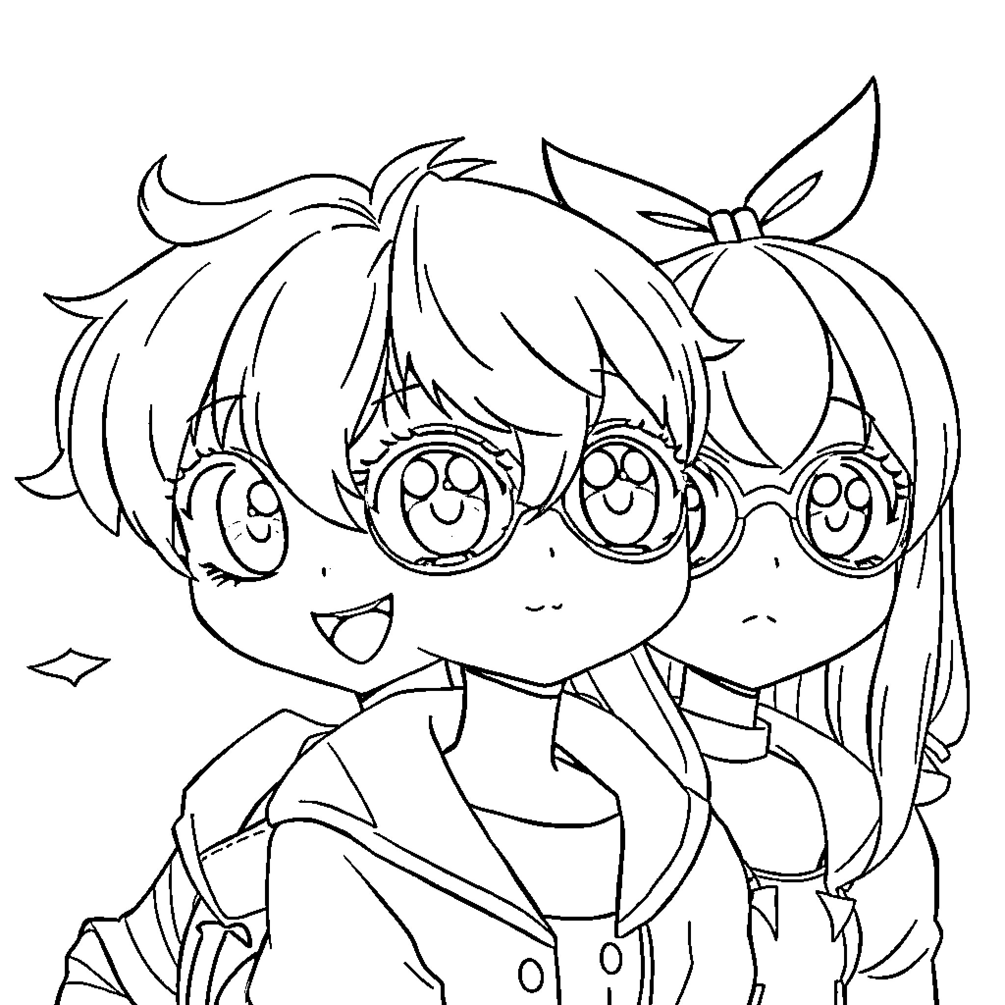 Anime Character enjoying cheerful moment with friends Coloring Page (free black-and-white line drawing printable PDF for all, from beginners to advanced learners, including children, teens, adults, and seniors)