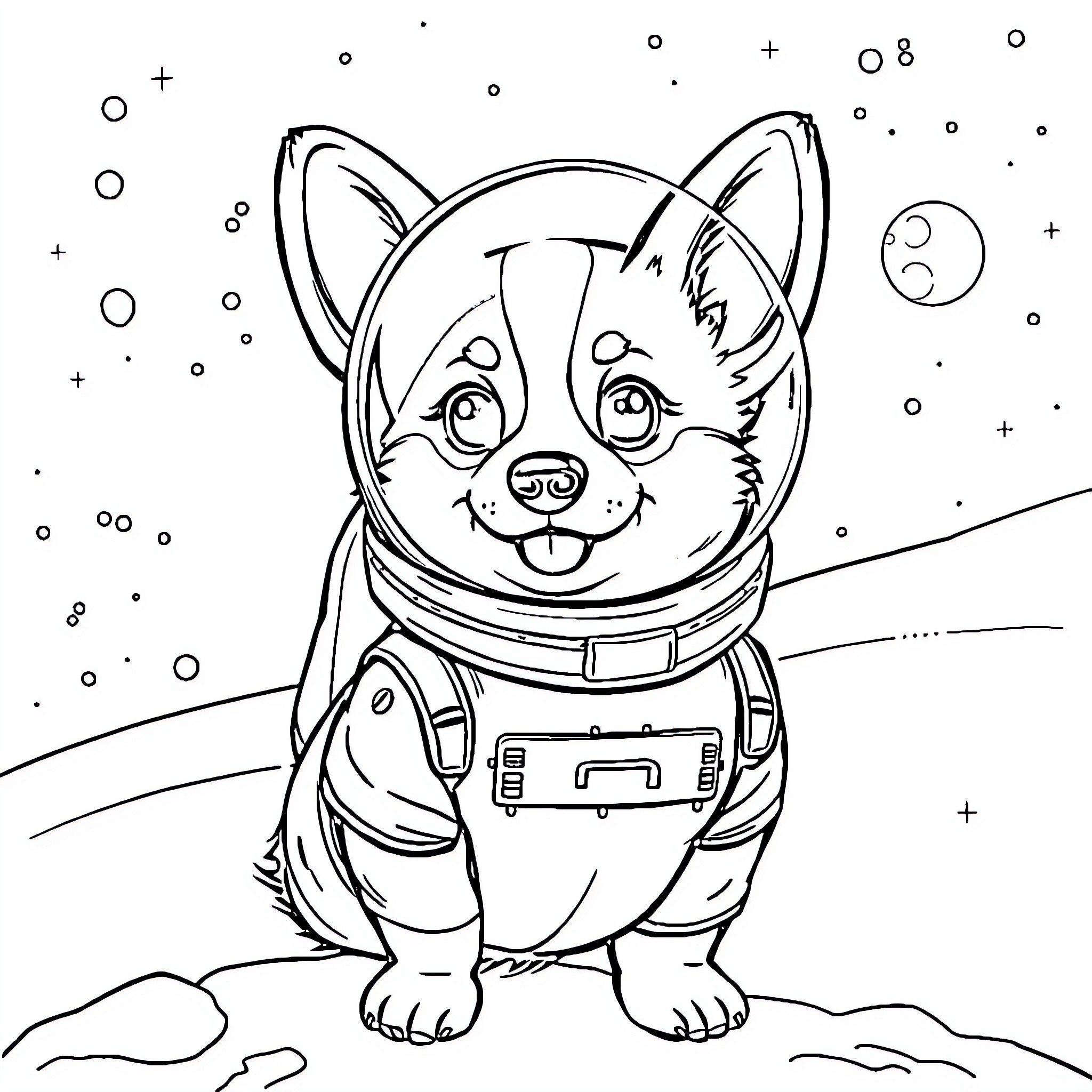 Corgi astronaut exploring the cosmic landscape Coloring Page (free black-and-white line drawing printable PDF for all, from beginners to advanced learners, including children, teens, adults, and seniors)