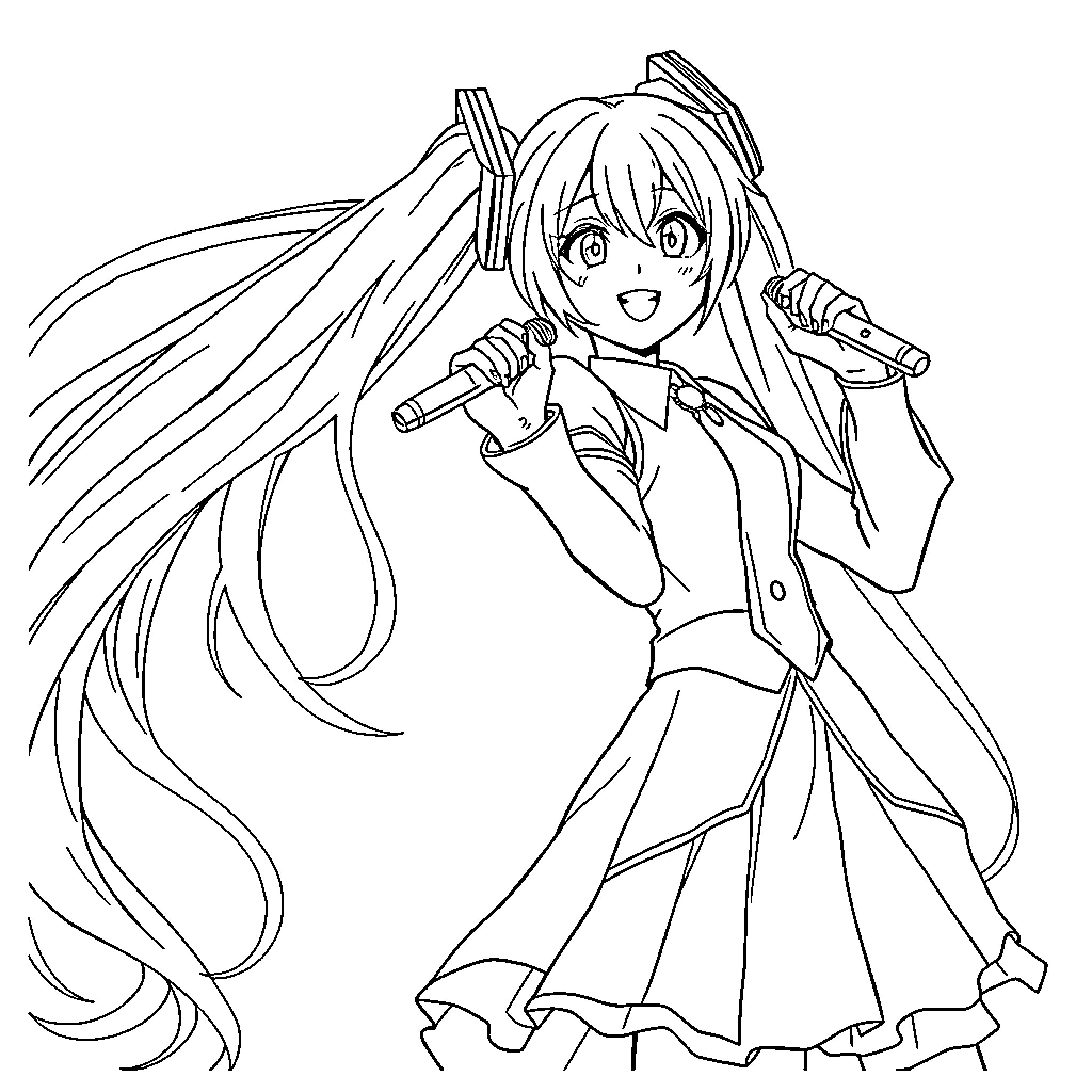 Hatsune Miku Singing and Performing Coloring Page (free black-and-white line drawing printable PDF for all, from beginners to advanced learners, including children, teens, adults, and seniors)