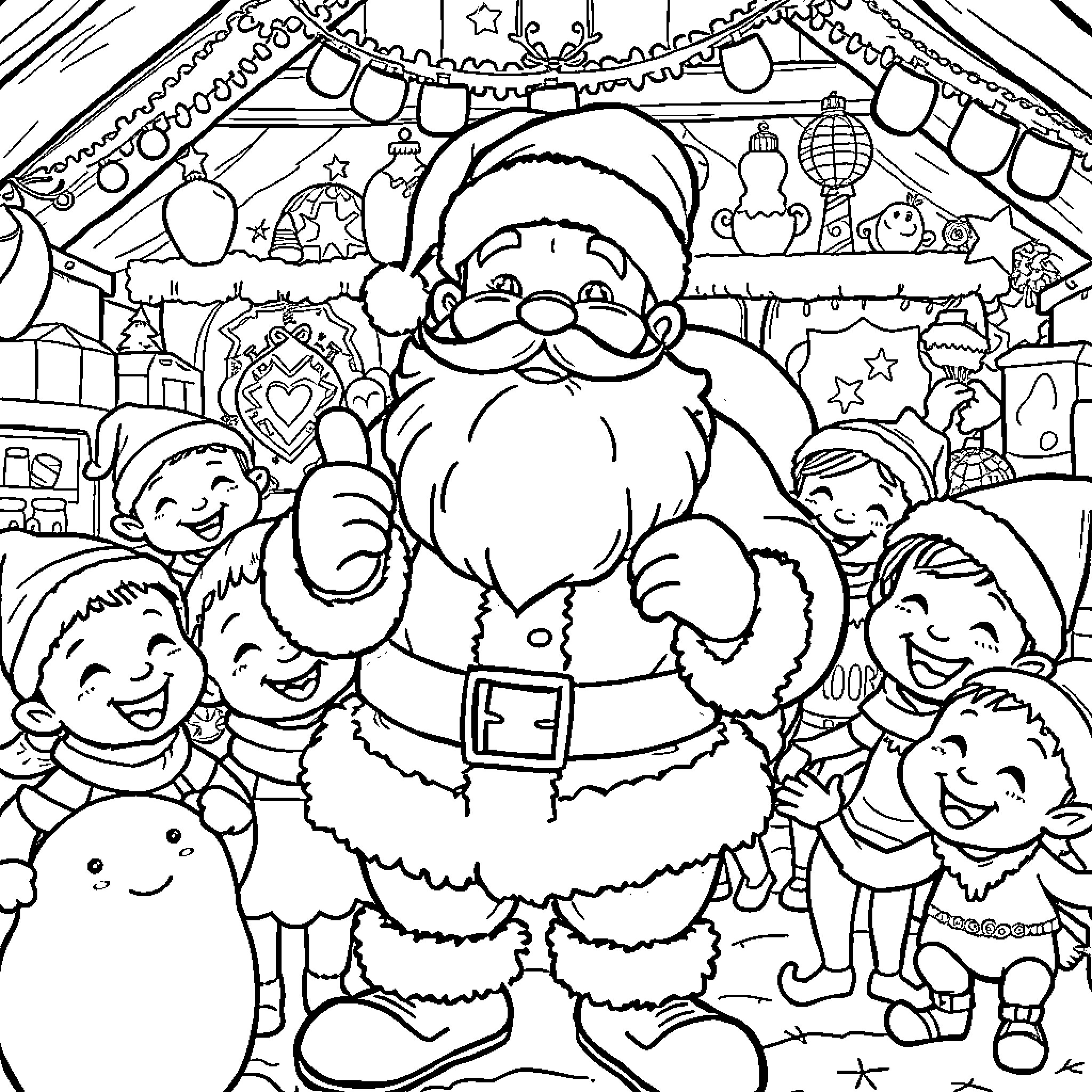 Santa surrounded by joyful children in a festive scene Coloring Page (free black-and-white line drawing printable PDF for all, from beginners to advanced learners, including children, teens, adults, and seniors)