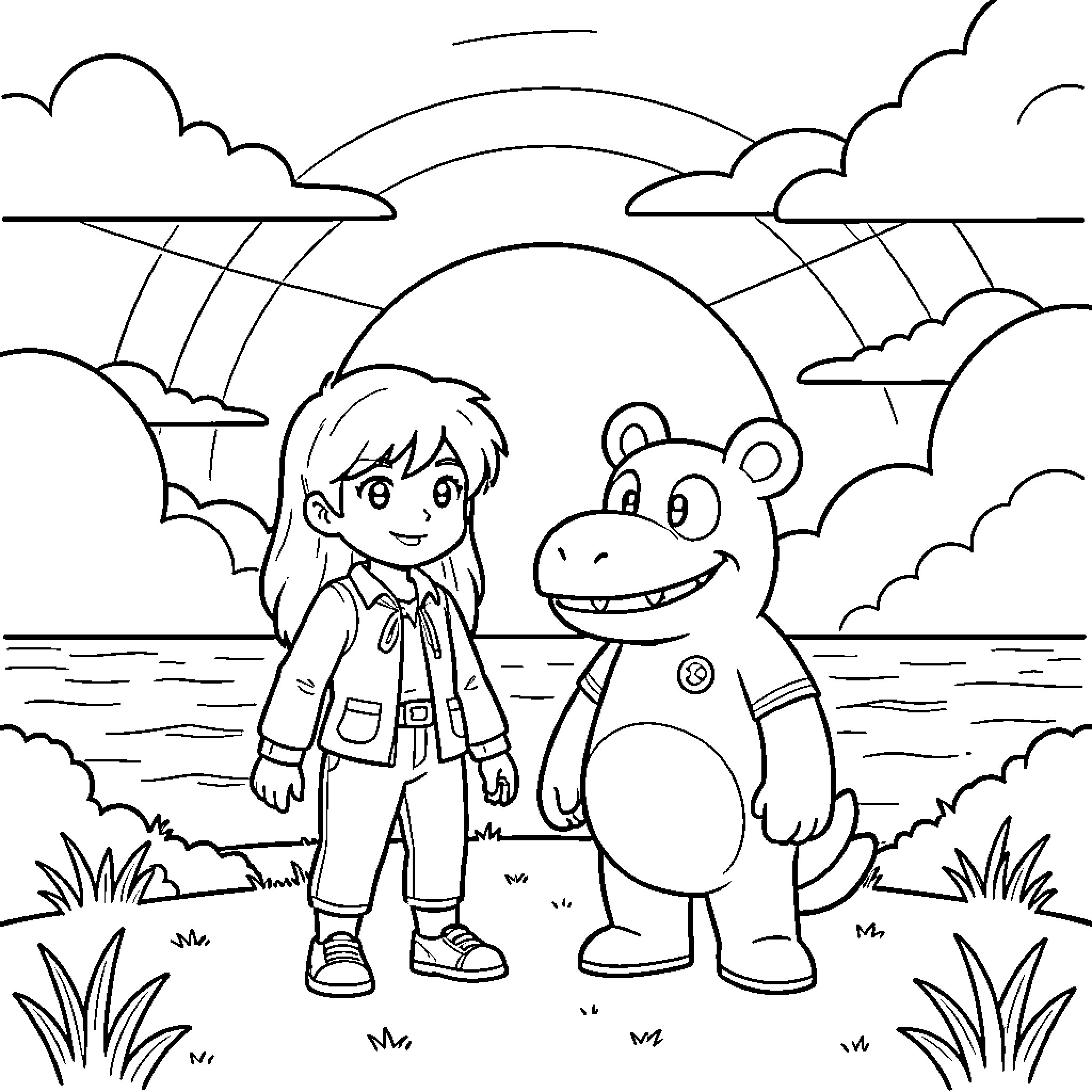 Yoshi and a young girl standing together by the sea Coloring Page (free black-and-white line drawing printable PDF for all, from beginners to advanced learners, including children, teens, adults, and seniors)