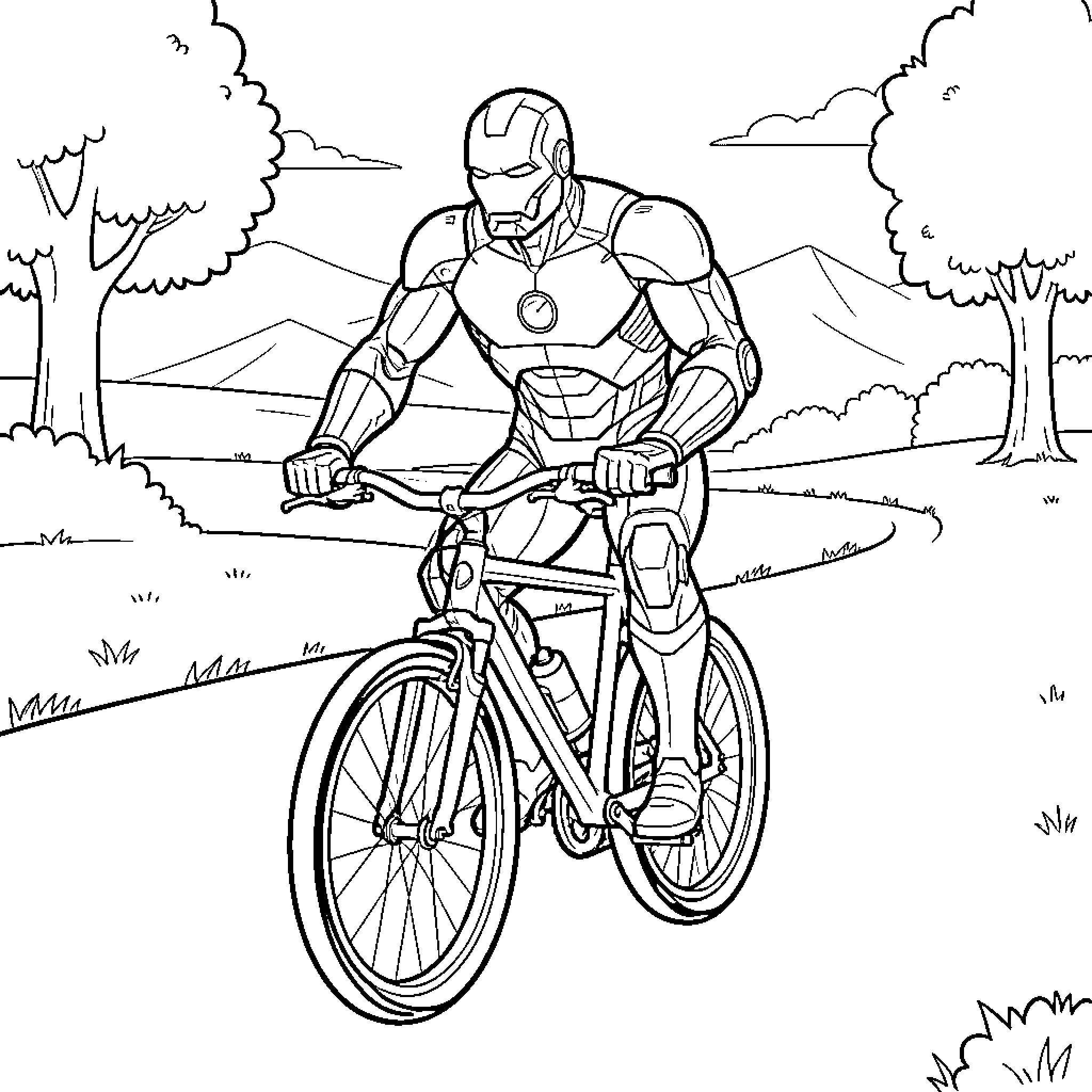 Ironman riding a bicycle through a scenic landscape Coloring Page (free black-and-white line drawing printable PDF for all, from beginners to advanced learners, including children, teens, adults, and seniors)