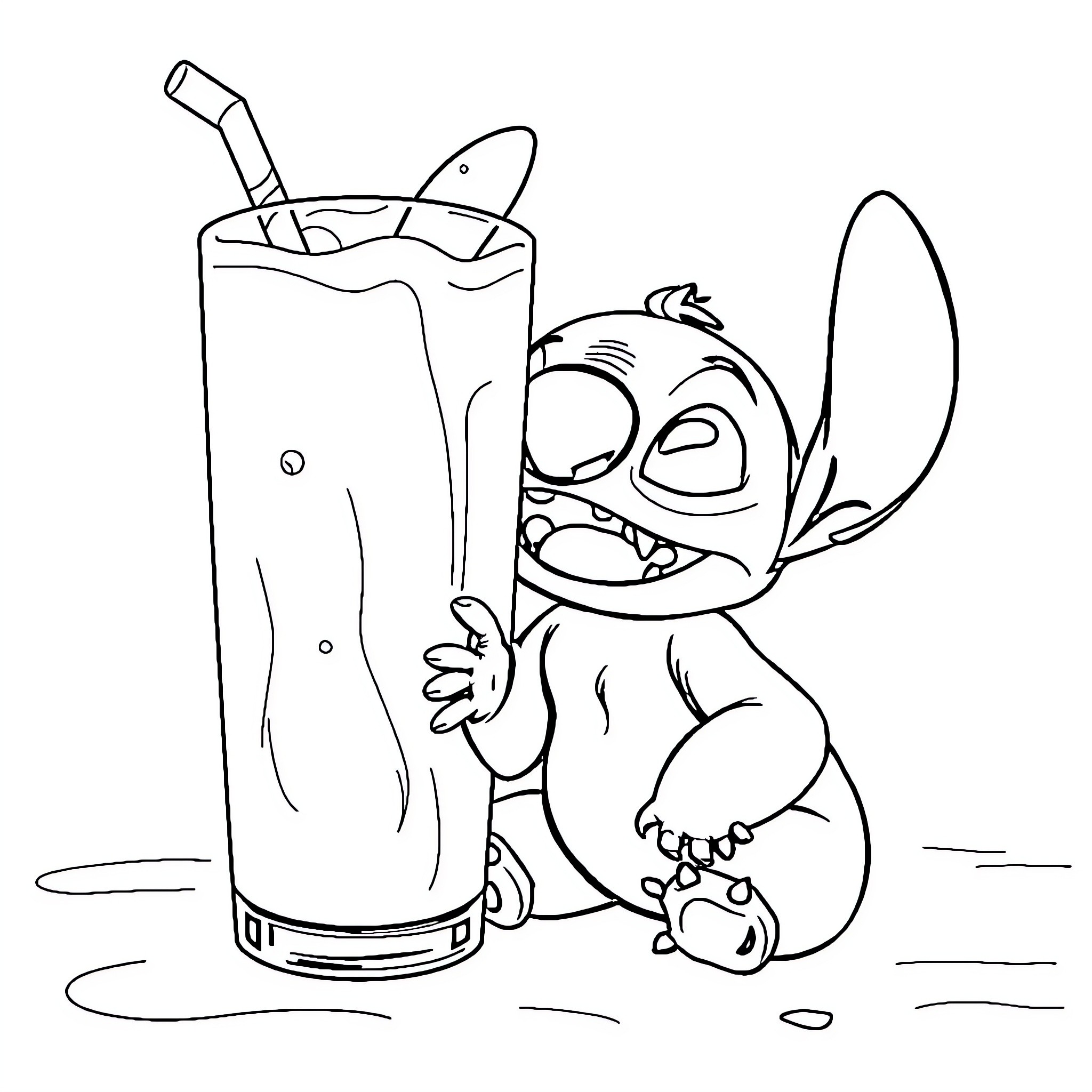 Stitch enjoys a refreshing beverage Coloring Page (free black-and-white line drawing printable PDF for all, from beginners to advanced learners, including children, teens, adults, and seniors)