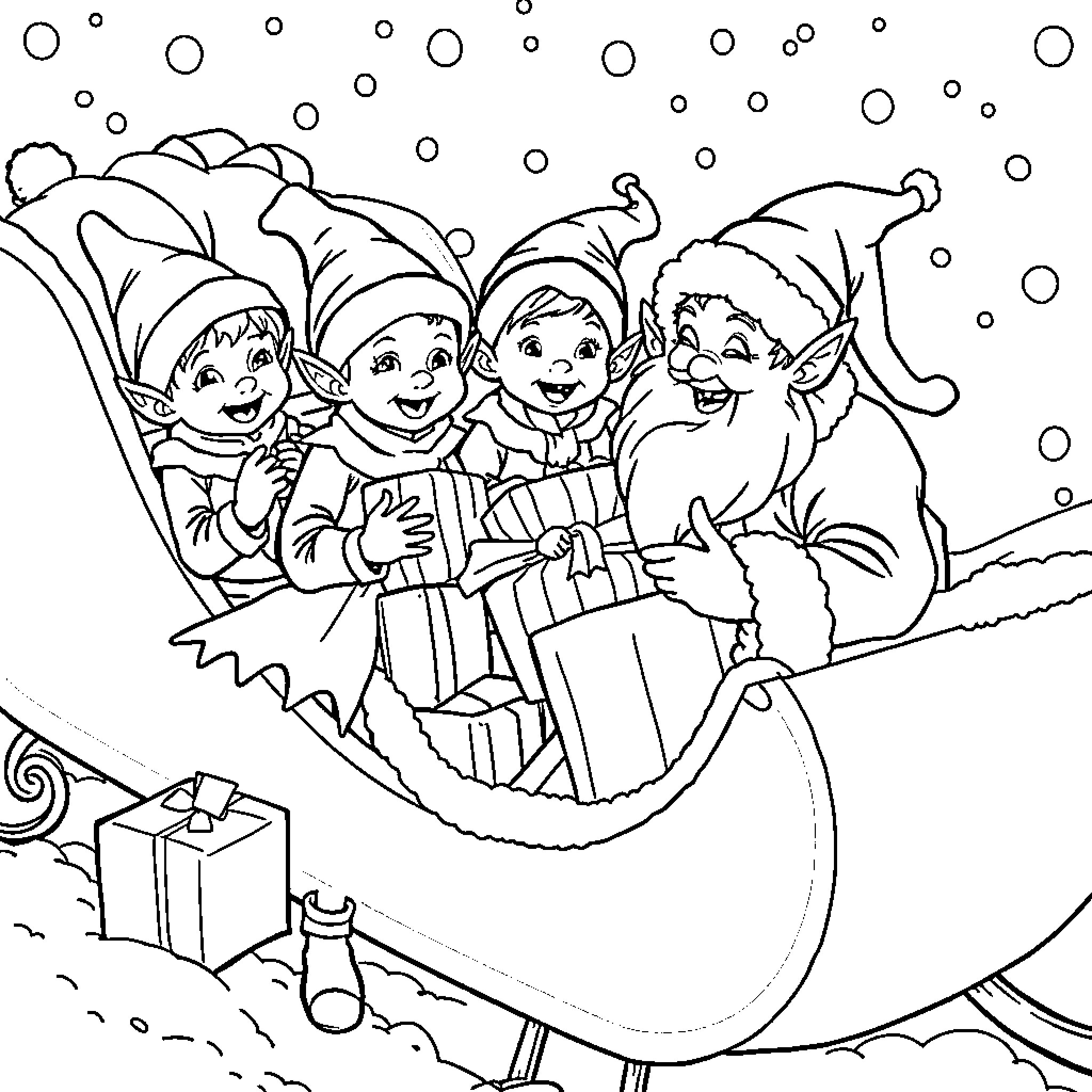 Elf friends enjoying winter in a sleigh Coloring Page (free black-and-white line drawing printable PDF for all, from beginners to advanced learners, including children, teens, adults, and seniors)