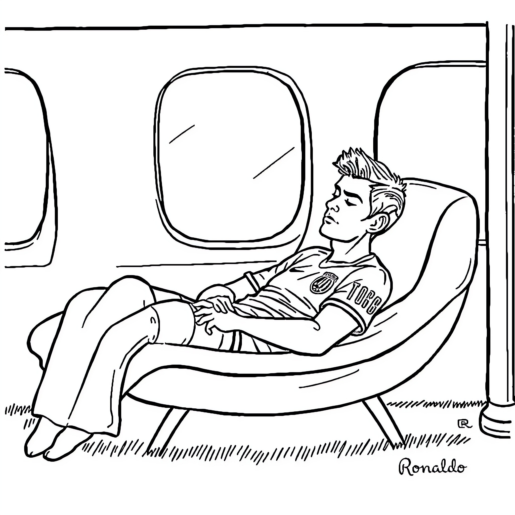 Ronaldo relaxing on airplane seat Coloring Page (free black-and-white line drawing printable PDF for all, from beginners to advanced learners, including children, teens, adults, and seniors)
