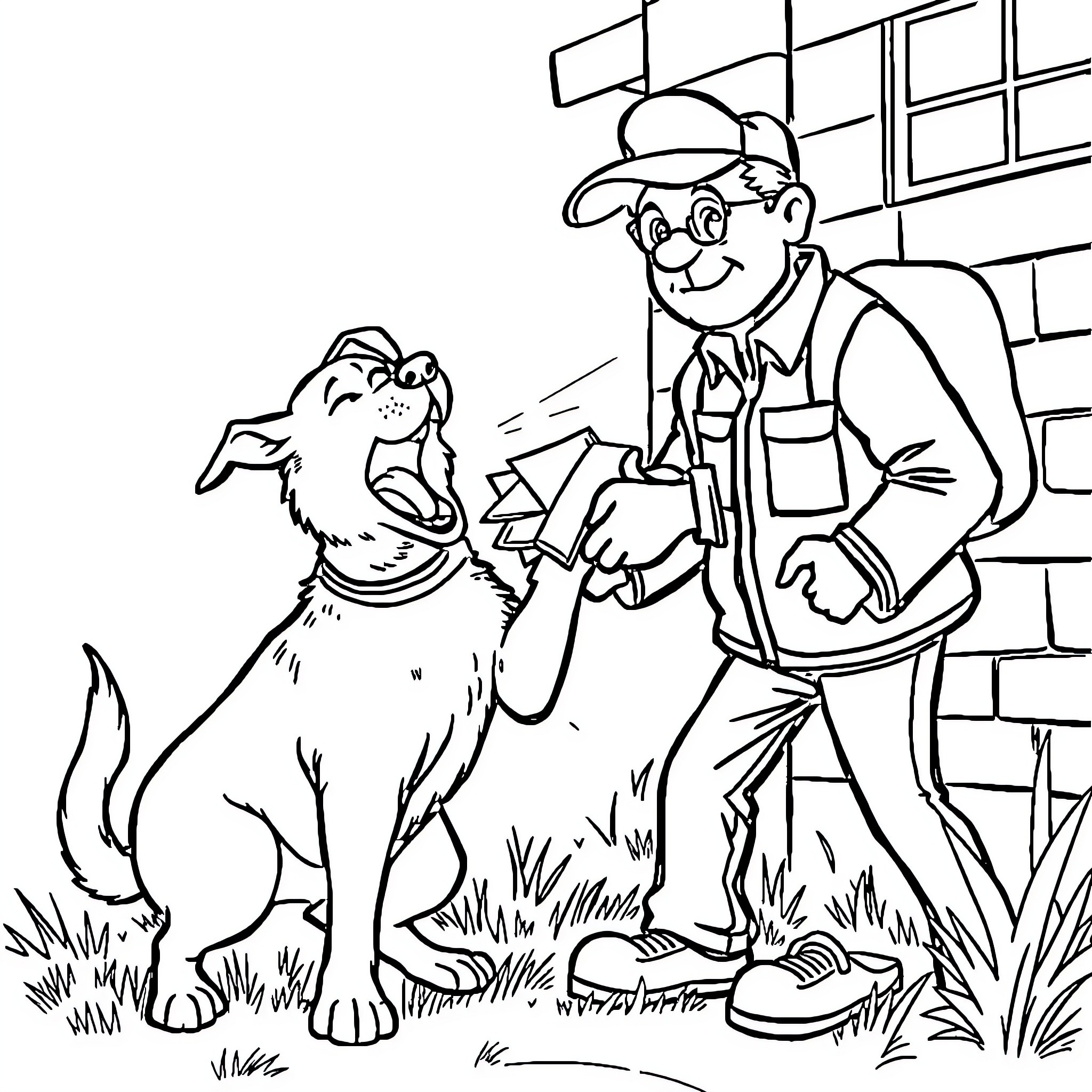 Dog assisting man with repairs near building Coloring Page (free black-and-white line drawing printable PDF for all, from beginners to advanced learners, including children, teens, adults, and seniors)